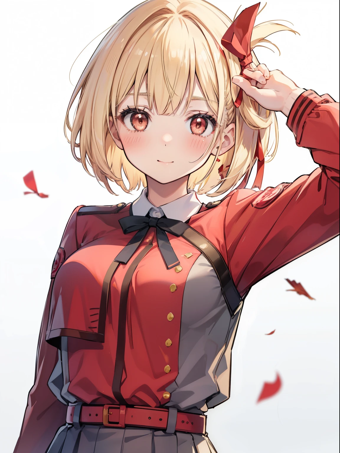 Chisato Nishikigi、Good looking girl (Short blonde hair with square bangs, Big Red Eyes, Red ribbon,blush, Perfect Face), independent , looking at the camera, masterpiece, Anime art style, Cute Characters, Most detailed, high quality、Nico Nico Smile、have a gun in hand、Ready your gun?