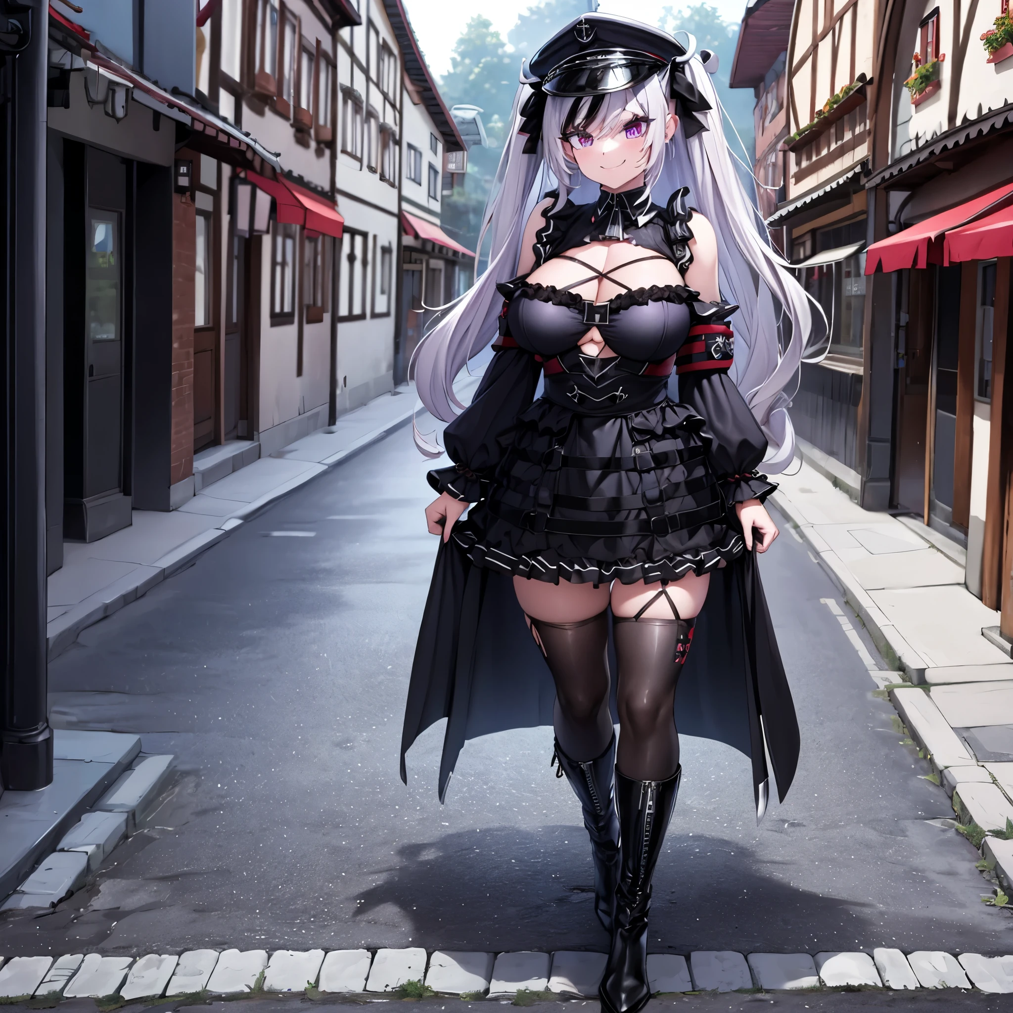 A girl wearing black custom gothic dress, with black roses decorating the top, long silver hair, black military hat, long black stockings, women's black boots, smiling, purple eyes, walking on the promenade in a traditional German town, full body, breasts big,(woman solo), HDR, ultra resolution, sharp, masterpiece, 8K HD