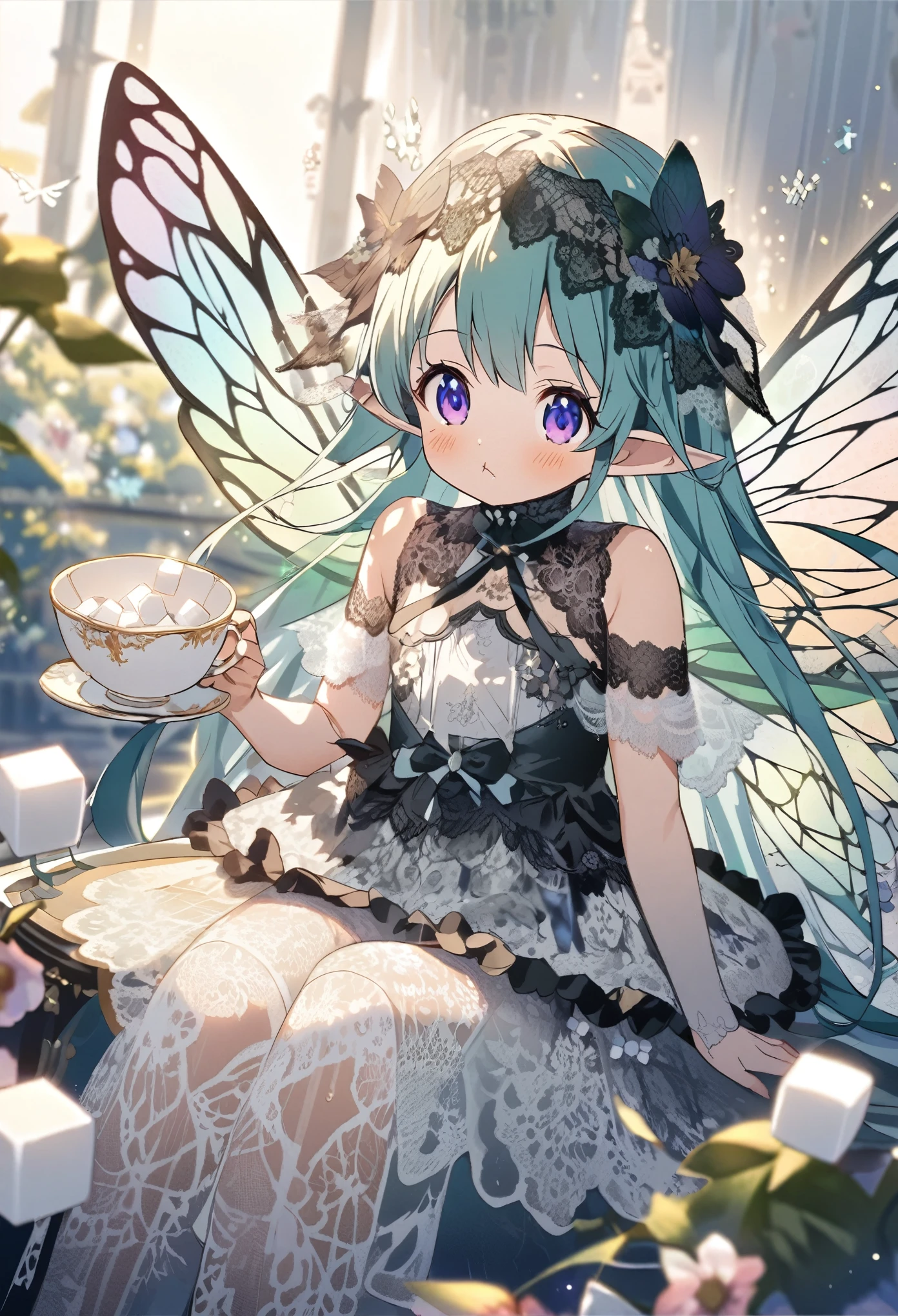 anime.A little fairy in a big teacup is eating a sugar cube。Lined with sugar cubes、Square sugar cubes、Square white sugar cubes、Fairy in a big teacup(Wearing fairy wings of lace material:1.5)