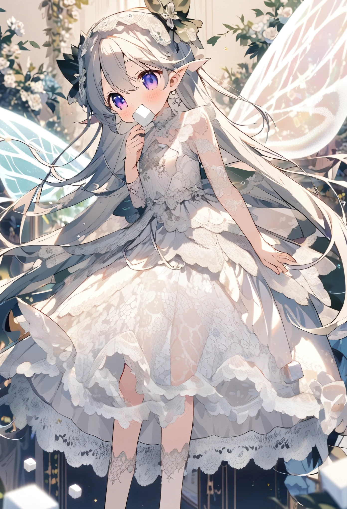 anime.A little fairy in a big teacup is eating a sugar cube。Lined with sugar cubes、Square sugar cubes、Square white sugar cubes、Fairy in a big teacup(Wearing fairy wings of lace material:1.5)