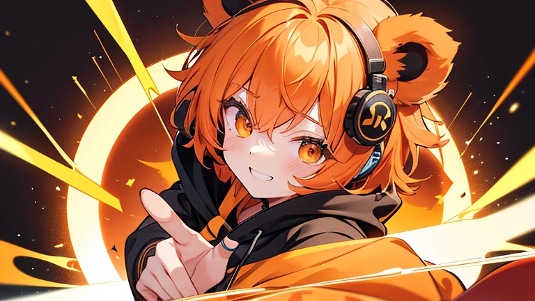 Fluffy bear ears (Orange hair color) ((boy)) (headphone) Black hoodie with gold lines Face up Magic circle Eye color black Ultra short hair smile 4K resolution reaching out Provocative