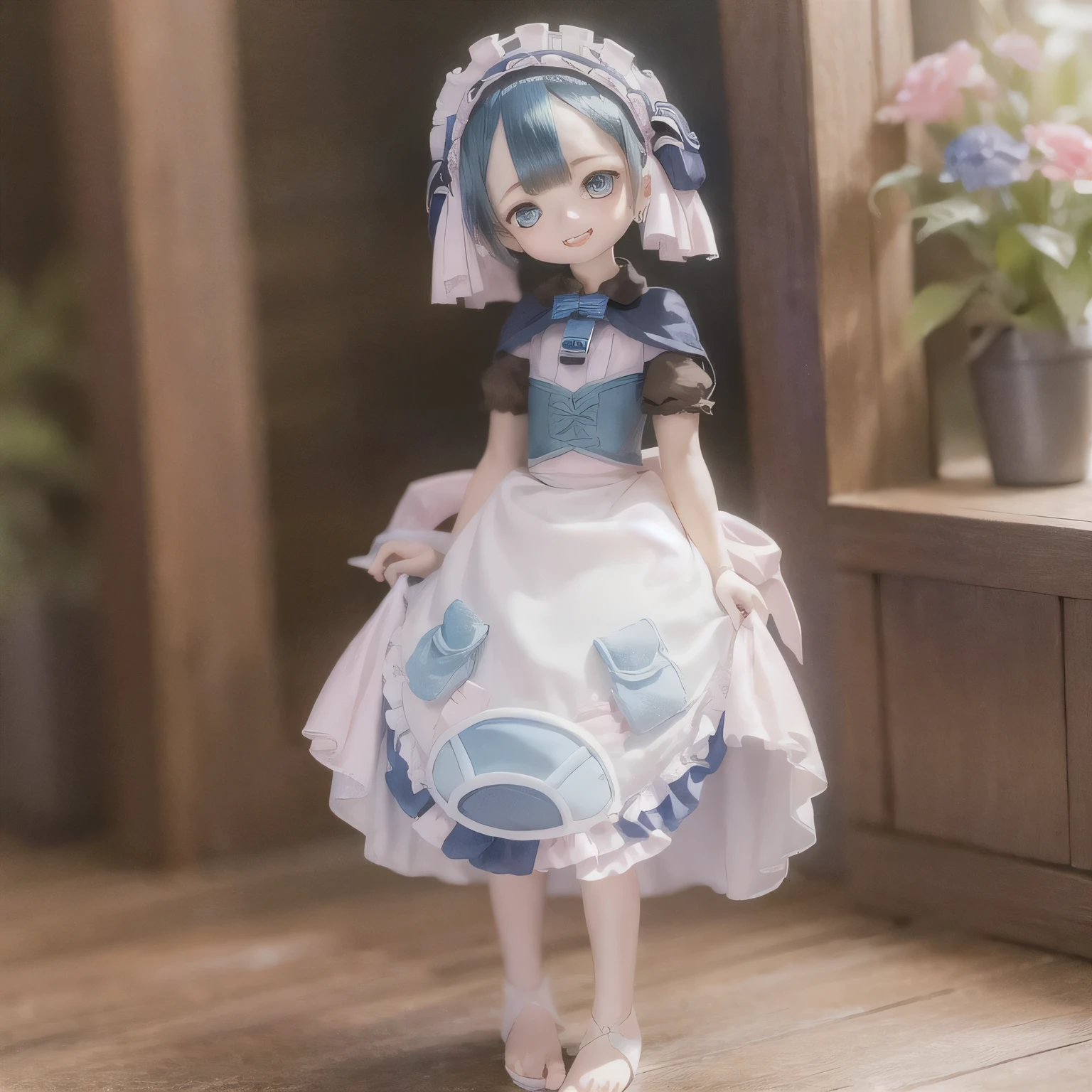 (highest quality, High resolution, masterpiece:1.2),Very detailed,Realistic:1.37,Marulk from Made in Abyss,(highest quality, High resolution, 4K, Very detailed, masterpiece:1.2), Realistic, High resolution, Vibrant colors, Sharp focus, Studio Lighting, Very detailed explanation, Professional, Portraiture, anime, Blue tones, Natural light, 10 year old girl, Blue curly hair, Flat Chest, Gothic Lolita Clothing, Innocent look, Delicate features, Long eyelashes, Expressive eyes, Rosy Cheeks, Soft lighting, Dreamy atmosphere, Whimsical backgrounds(((((((feet)))))))Walking around the mansion with a broom(((((whole body)))))casual
