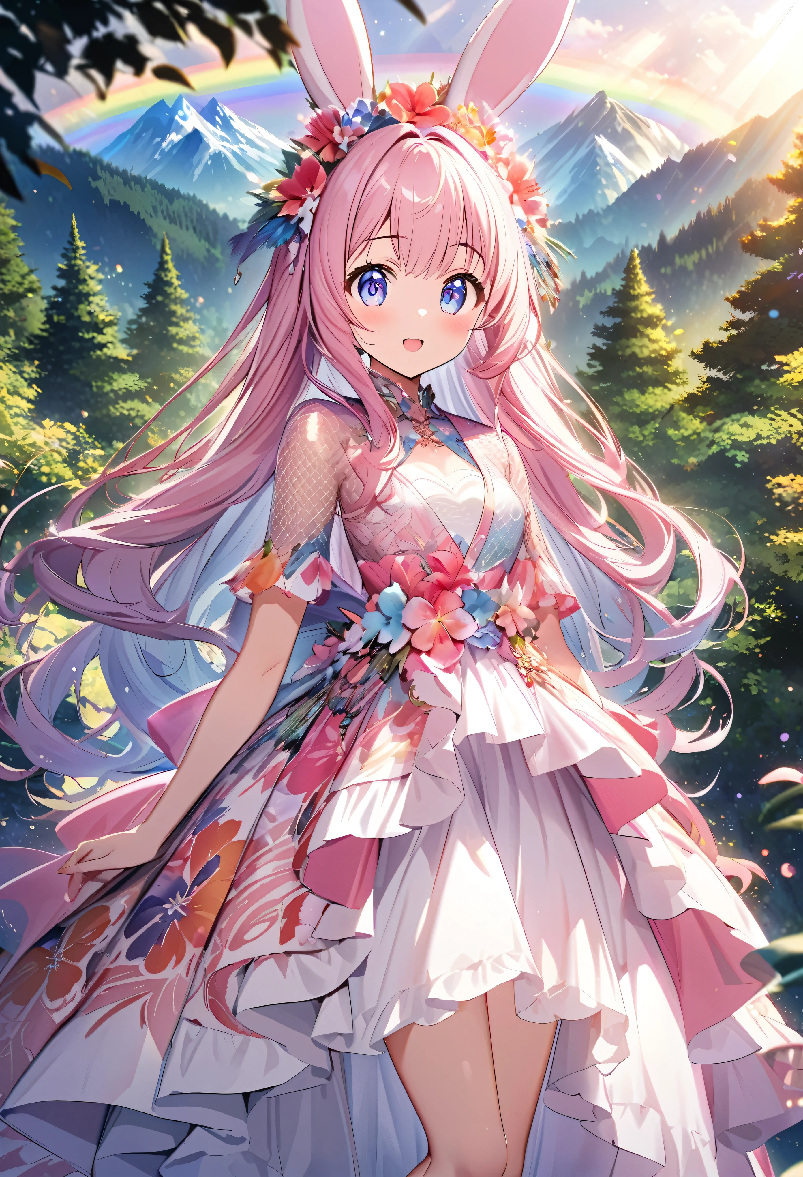 ``Japanese anime character, cute rabbit in pink color, beautiful adorable rabbit wearing an elegant and elaborate Hawaiian dress, the dress must have intricate designs and patterns to give it a luxurious and exclusive look. In the background, the image should depict the richness of the forest, with sunlight reflecting off the trees and illuminated mountains beyond. , emphasize the shimmering effect and rainbow throughout the image. Enhance your look and add special ruffles to your dress to stand out.”