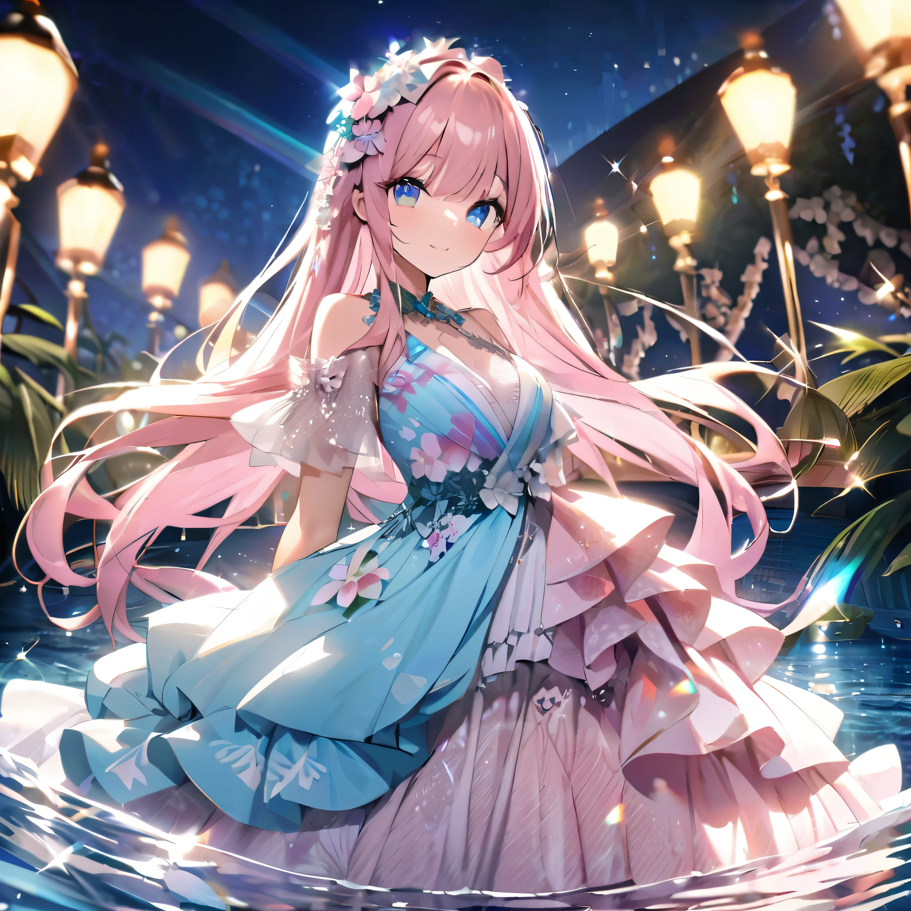 ``She has long pink hair and beautiful eyes.、Beautiful woman in an elegant and elaborate Hawaiian dress.For the dress、It needs intricate designs and patterns to give it a luxurious and classy look.。.In the background , The image is、The light reflected on the water surface、Beyond that is an illuminated bridge、It must depict a romantic Hawaiian beach at night.。, Enhance the sparkle effect and rainbow throughout the image. Enhance your looks、Add some special frills to your dress to make it stand out.”