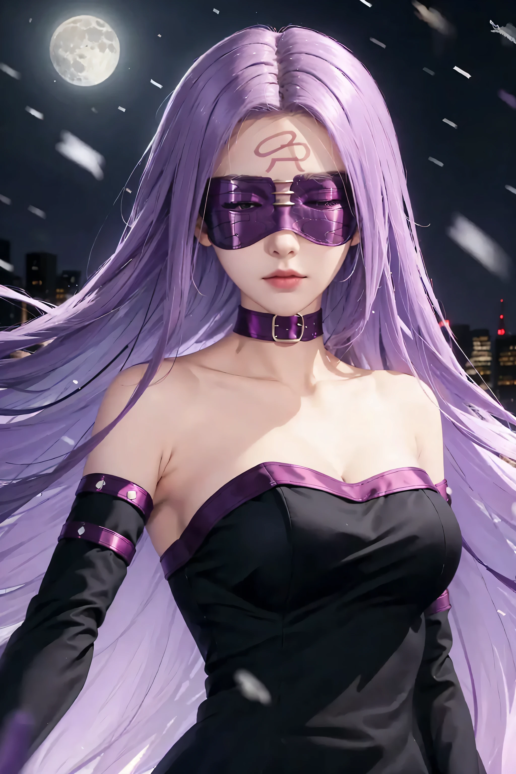 scan, (extremely detailed CG unity 8k wallpaper), (best quality), (ultra-detailed), soft lighting, tracing, anime, stadium, night, 1girl, midnightmha, boku no hero academia, purple hair, very long hair, blue eyes, large breasts, collar, white bodysuit, domino mask, black breastless corset, thighhighs, (black thigh boots), handcuffs, garter straps, upper body, red gemstones