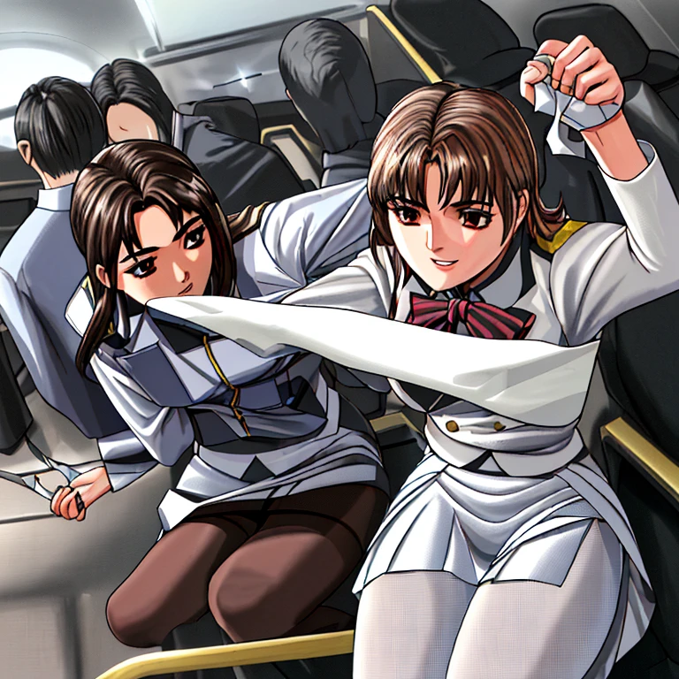 masterpiece、highest quality、(Full body photo:1.5)、Super detailed photos、flight attendantの制服、flight attendantのジャケットを着る、(Greasy body)、(White tight skirt:1.5)、Raise the hand、(((Being held from behind by an old man with thinning hair:1.5)))、 Transparent pantyhose、(((catch:1.5)))、 Photorealistic,Absurd, Too much exposed skin, Photorealistic, ((Medium Breast: 1.3)(highest quality)、Too much exposed skin、smile 、（flight attendant）、High resolution、Skin with attention to detail、A face with attention to detail、((Inside the passenger cabin:1.5))、(flight attendantの制服)、One Girl、solo、(flight attendantの髪型)、Beautiful teeth detailasterpiece、Hentai Realism、Professional Lighting、picture、facial、Beautiful skins、Perfect Lips、Super detailed photos、((Very delicate and beautiful face and eyes))、Brunette color hair、Exposed skin、((Legs apart 1.9))、from the front、Symmetrical eyes、flight attendantの髪型、Beautiful feet、Perfect legs、Perfect Anatomy、((Ultra-thin pantyhose :1.2))、