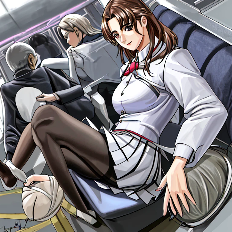 masterpiece、highest quality、(Full body photo:1.5)、Super detailed photos、flight attendantの制服、flight attendantのジャケットを着る、(Greasy body)、(White tight skirt:1.5)、Raise the hand、(((Being held from behind by an old man with thinning hair:1.5)))、 Transparent pantyhose、(((catch:1.5)))、 Photorealistic,Absurd, Too much exposed skin, Photorealistic, ((Medium Breast: 1.3)(highest quality)、Too much exposed skin、smile 、（flight attendant）、High resolution、Skin with attention to detail、A face with attention to detail、((Inside the passenger cabin:1.5))、(flight attendantの制服)、One Girl、solo、(flight attendantの髪型)、Beautiful teeth detailasterpiece、Hentai Realism、Professional Lighting、picture、facial、Beautiful skins、Perfect Lips、Super detailed photos、((Very delicate and beautiful face and eyes))、Brunette color hair、Exposed skin、((Legs apart 1.9))、from the front、Symmetrical eyes、flight attendantの髪型、Beautiful feet、Perfect legs、Perfect Anatomy、((Ultra-thin pantyhose :1.2))、