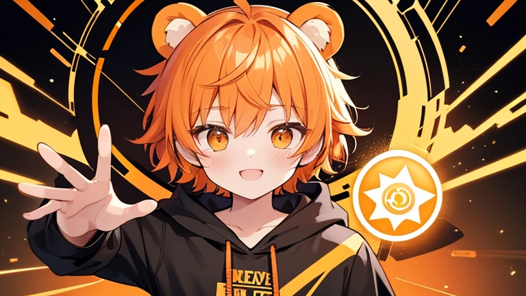 Fluffy bear ears　(Orange hair color)　((boy))　(headphone)　Black hoodie with gold lines　Face up Magic circle　Eye color black　Ultra short hair　 smile　 4K resolution　reaching out　nervous