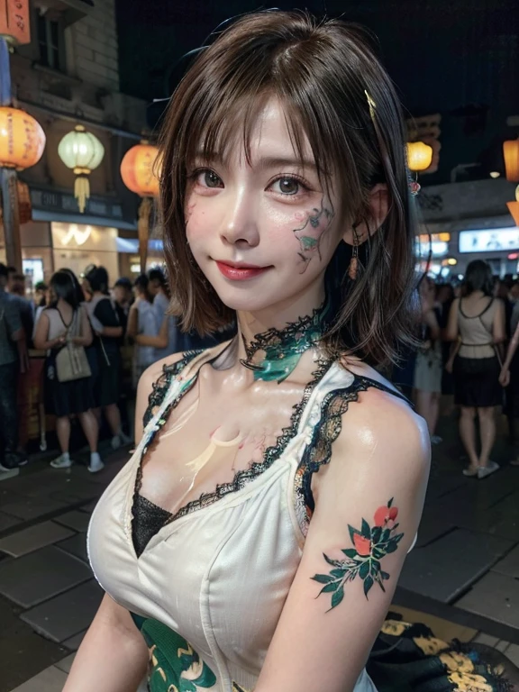 a woman posing on the street corner with light 、 highest quality, 1peopleの女の子, Large Breasts, Day, bright, Blur the background, Bokeh, Outdoor, (street:0.8), (people々, crowd:1), (lace trim dress:1.5, Sleeveless dress, Body Paint Chinese Dress :1.2, Transparent clothes: 1.5), nice, (short hair, amount:1.2), Beautifully detailed skies, Earrings, (Dynamic pose:1.2), (Upper Body:0.8), Soft lighting, Wind, Shiny skin, smile, The model is、green、orange、ピンクの鮮やかな花柄が施された透明感のあるビニール布地のBody Paint Chinese Dressを着ている、This dress fits her form tightly.、Accentuated with realistic floral designs across her torso、優しいsmile