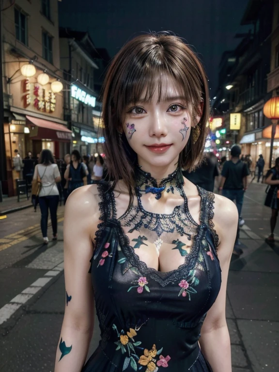 ((Realistic lighting, highest quality, 8k, masterpiece: 1.3)), Clear focus: 1.2, 1 girl, Perfect body beauty: 1.4, Slim Abs: 1.1, ((Dark brown hair, Big Breasts: 1.3)), (Finished with body paint，Dark brown transparent scale silk lace queen: 1.4), (outside, Night view: 1.1),Chinatown，yokohama，Body Paint Dresses， whole body, Long legs, Highly detailed face, Beautiful Eyes, double eyelid，Bewitching Smile