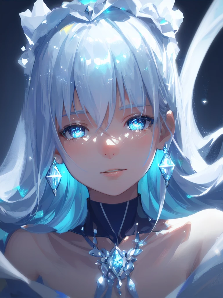 masterpiece, best quality, illustration, sax blue, platinum earrings, platinum necklace, white dress, 1girl, cute, (dynamic lighting:1.2), cinematic lighting, delicate facial features, detailed eyes, sharp pupils, realistic pupils, depth of field, bokeh, sharp focus, (hyper-detailed, bloom, glow:1.4), many small gems