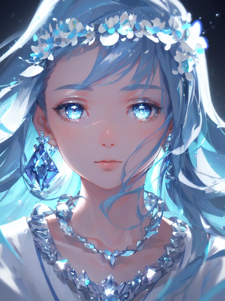 masterpiece, best quality, illustration, sax blue, platinum earrings, platinum necklace, white dress, 1girl, cute, (dynamic lighting:1.2), cinematic lighting, delicate facial features, detailed eyes, sharp pupils, realistic pupils, depth of field, bokeh, sharp focus, (hyper-detailed, bloom, glow:1.4), many small gems