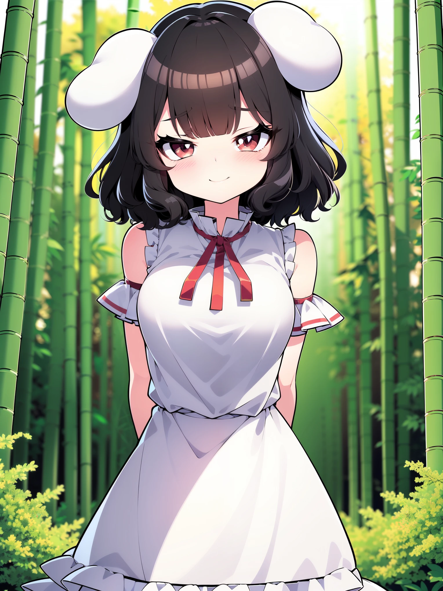 (cowboy shot), (ultra-high resolution, depth of field:1.2), Touhou project, (Tewi Inaba1.1), (1woman), (medium breasts), (dark red eyes), (black hair) short hair, (bangs), curly hair, rabbit tail, (cute white dress:1.2), bamboo forest scenery, sunset, squinting eyes, (grinning), (blushing:1.2), slightly bending forward, arms behind back