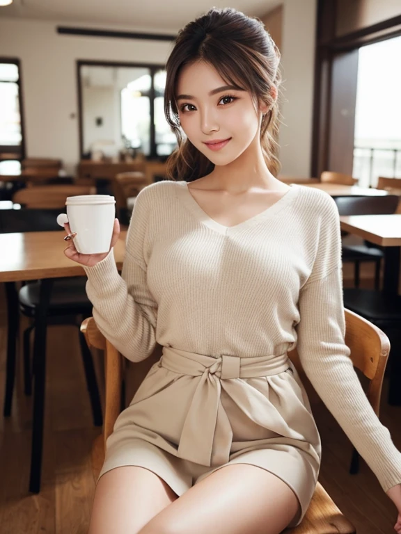 ((highest quality))、((Natural and realistic eyes))、((Beautiful eyes))、Tear bags、double eyelid、((masterpiece、8K、Very detailed, Realistic, super thin skin, Perfect ???????))、Japanese women、1 person、30th Generation、married、Above the waist、Cafe、(Sexy V-neck tight sweater、one piece、exy smile)、clear、Beautiful woman、Elegant、Sitting in a chair、Glamour、Bust size 85cm、((coffee))