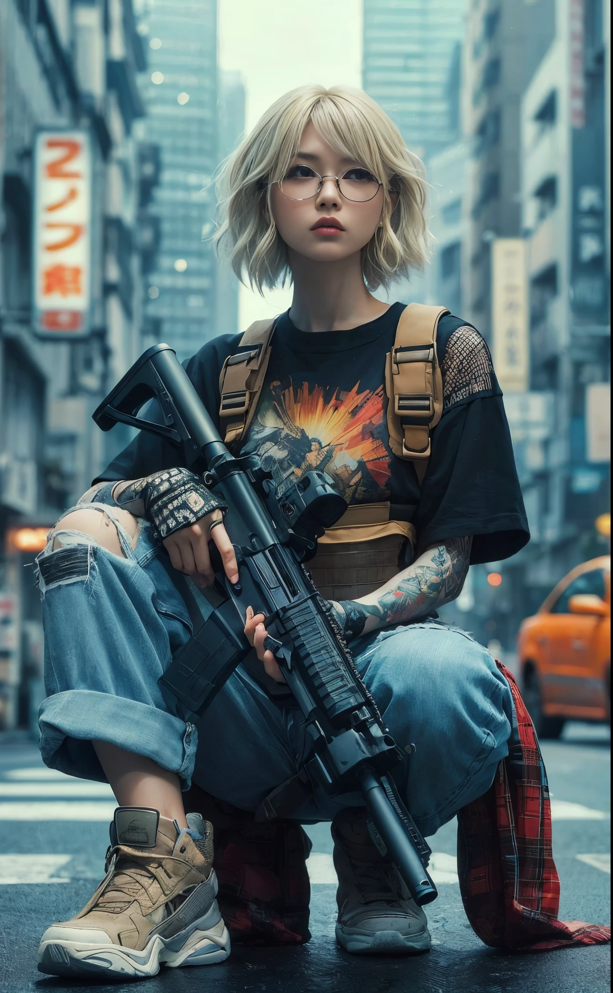 8K, realistic photo, realistic skin texture, Beautiful Japanese female vigilante living in America、A little bit into the future、2050、Blonde punkish hair、rocktshirt、MP5A has a submachine gun、A street lined with old apartments、sneakers、Dynamic pose、Tattoo、Innovative composition、、Glasses