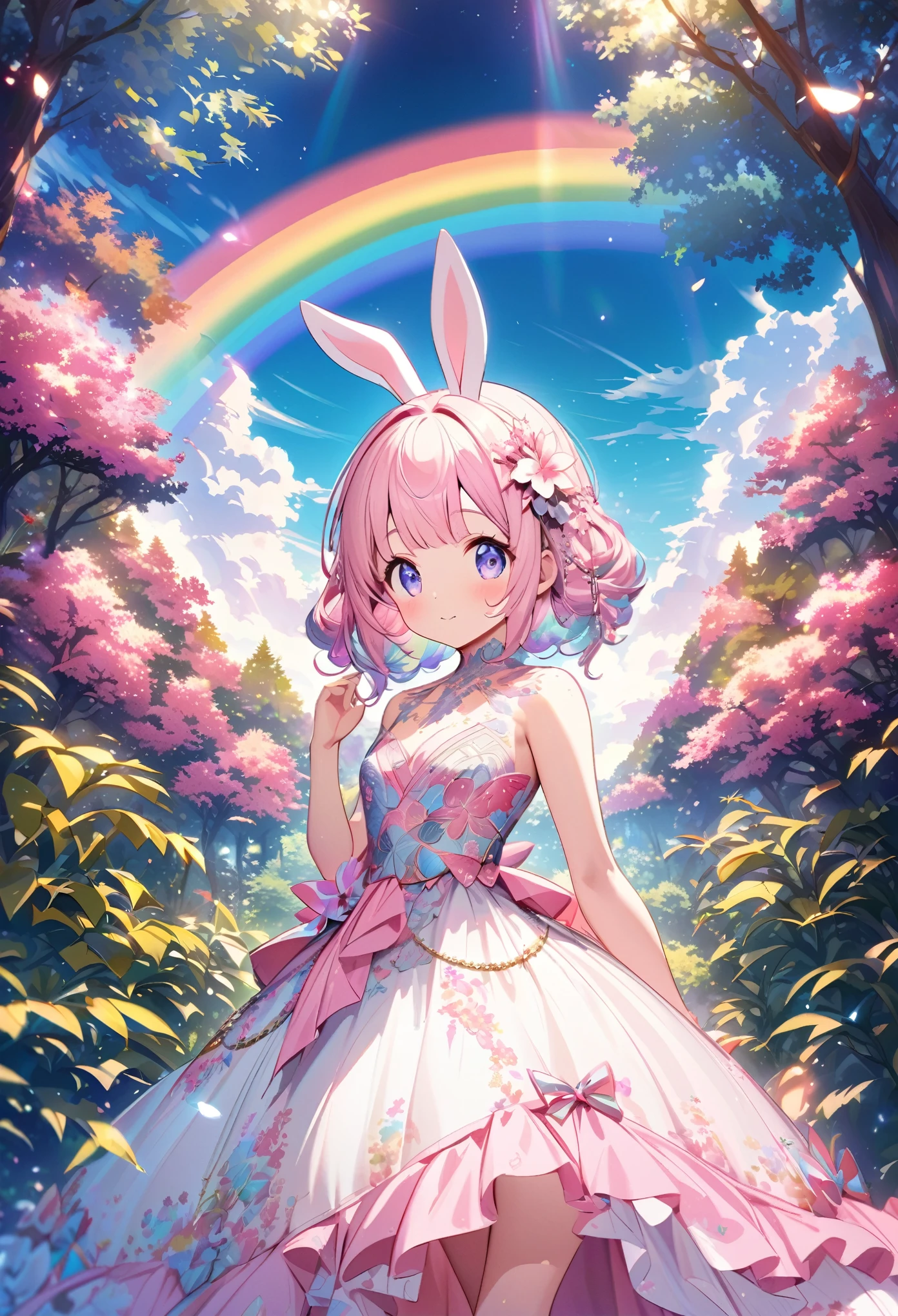``Japanese anime character, cute rabbit in pink color, beautiful adorable rabbit wearing an elegant and elaborate Hawaiian dress, the dress must have intricate designs and patterns to give it a luxurious and exclusive look. In the background, the image should depict the richness of the forest, with sunlight reflecting off the trees and illuminated mountains beyond. , emphasize the shimmering effect and rainbow throughout the image. Enhance your look and add special ruffles to your dress to stand out.”