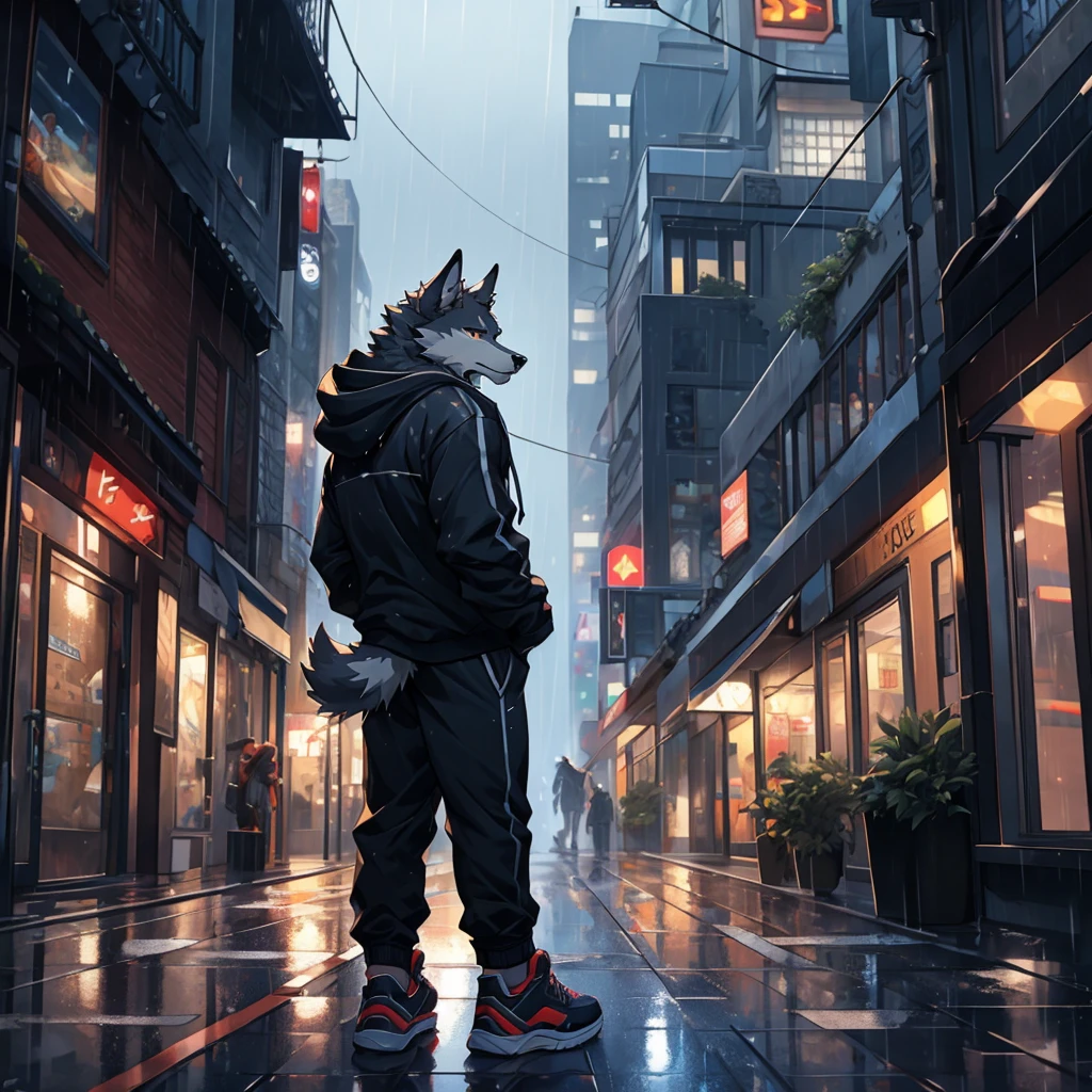 Male, black fur, wolf, raining, city street, hoodie, realistic eyes ...