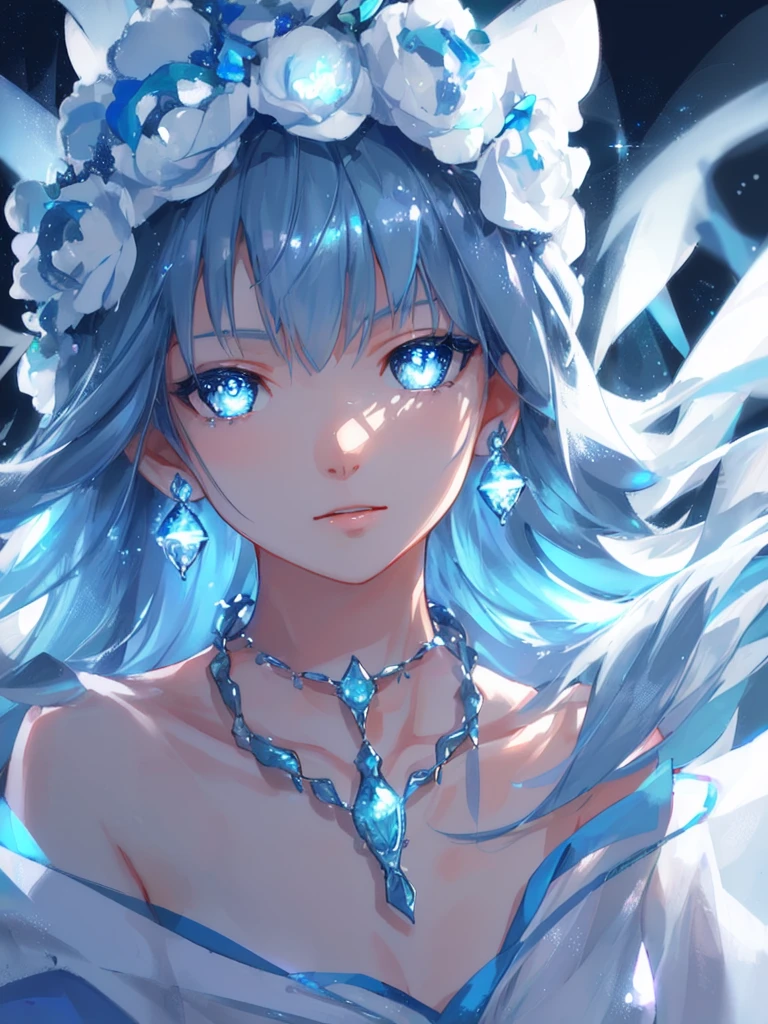 masterpiece, best quality, illustration, sax blue, platinum earrings, platinum necklace, white dress, 1girl, cute, (dynamic lighting:1.2), cinematic lighting, delicate facial features, detailed eyes, sharp pupils, realistic pupils, depth of field, bokeh, sharp focus, (hyper-detailed, bloom, glow:1.4), many small gems