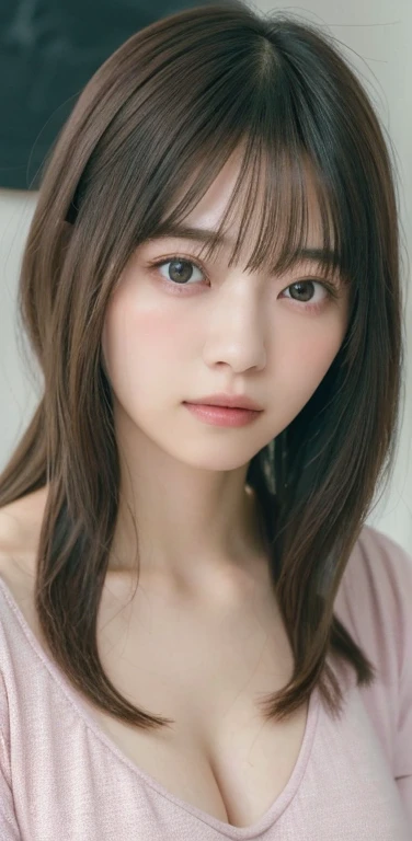masterpiece, highest quality, 8k, 20th Generation, Large Breasts, cute, alone, sad, cute, Girlish, Delicate girl, Pure beauty,  RAW Photos, Professional photography, Portraiture, Soft Light, Professional Lighting, Backlight, Upper Body, avert your eyes, Sophisticated, Film Grain, (Eyes and facial details:1.0), Short floating hair, Beautiful, flowing hair, bangs, (RelaxedＶneckＴshirt(pastel colour))、(Large Breasts:1.0)、You can see a little cleavage、Dolly Makeup、Odd Eye、The colour of the left and right eyes are different