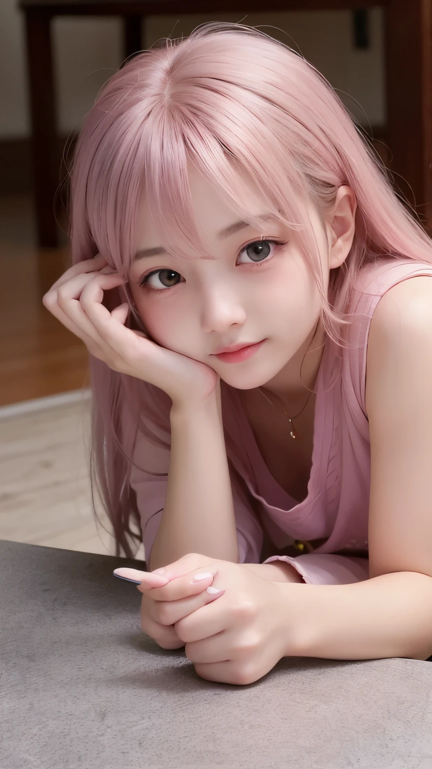 Be a pink-skinned girl, Beautiful Eyes (Red eyes) Deep as the night sky, laying on a table,smile, Gray Hair, I&#39;m watching you,Accurate Arm,Accurate Fingers