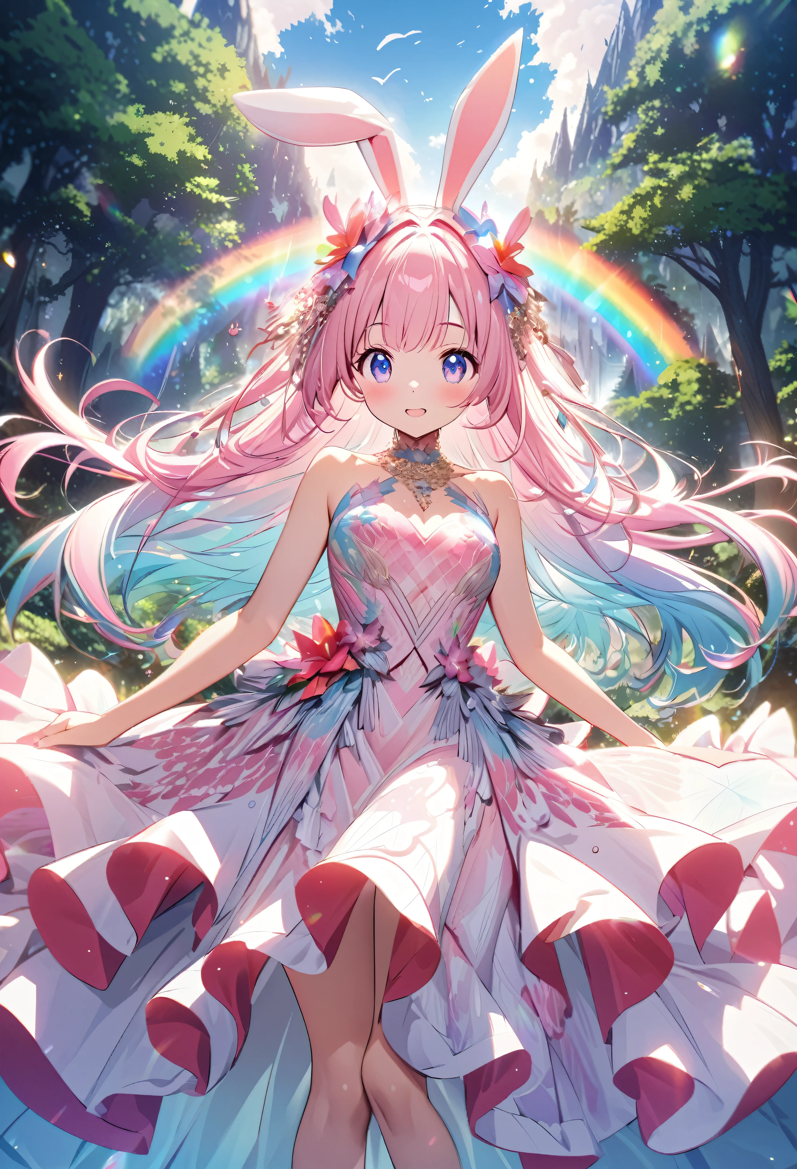 ``Japanese anime character, cute rabbit in pink color, beautiful adorable rabbit wearing an elegant and elaborate Hawaiian dress, the dress must have intricate designs and patterns to give it a luxurious and exclusive look. In the background, the image should depict the richness of the forest, with sunlight reflecting off the trees and illuminated mountains beyond. , emphasize the shimmering effect and rainbow throughout the image. Enhance your look and add special ruffles to your dress to stand out.”
