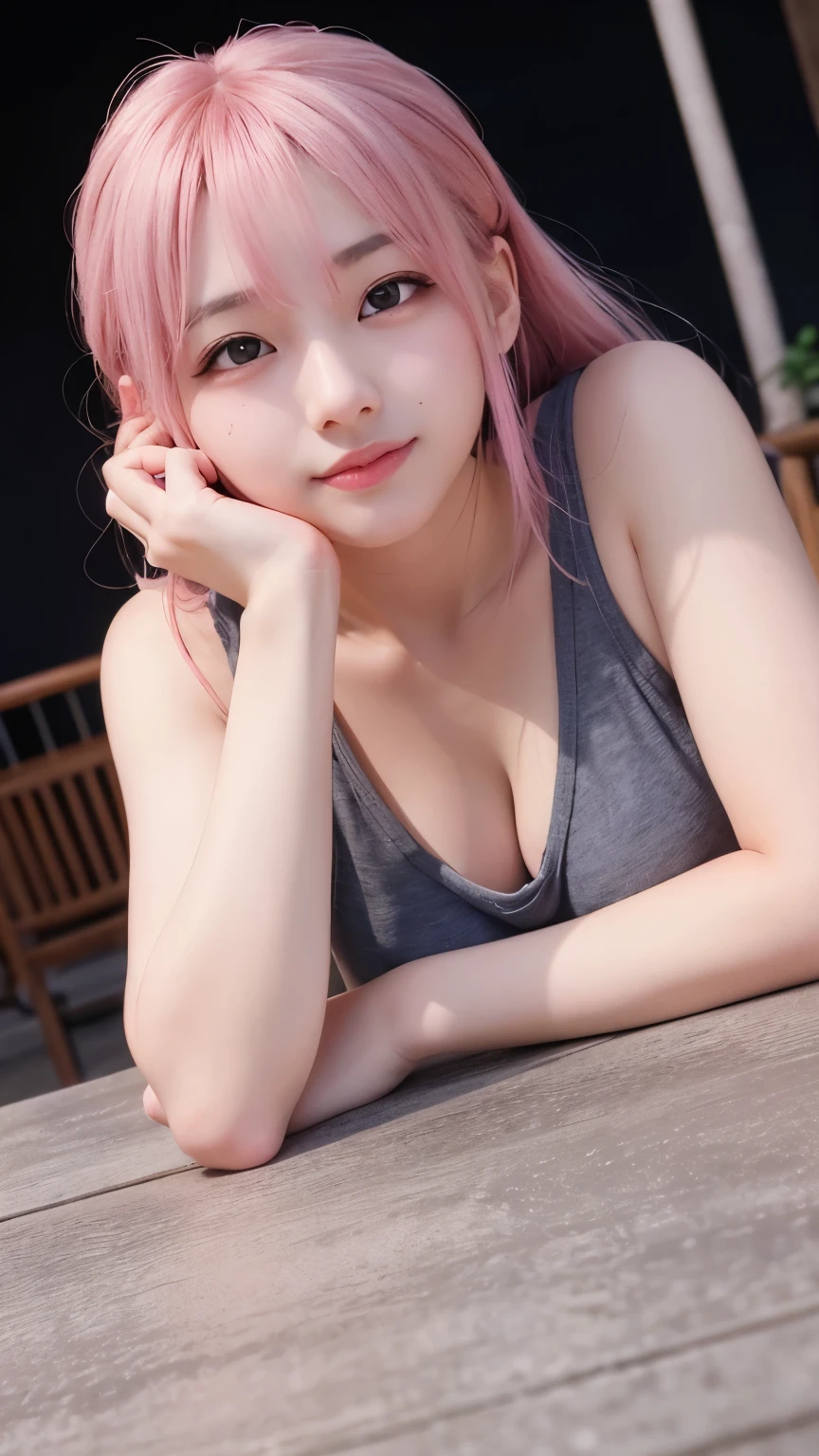 Be a pink-skinned girl, Beautiful Eyes (Red eyes) Deep as the night sky, laying on a table,smile, Gray Hair, I'm watching you,Accurate Arm,Accurate Fingers