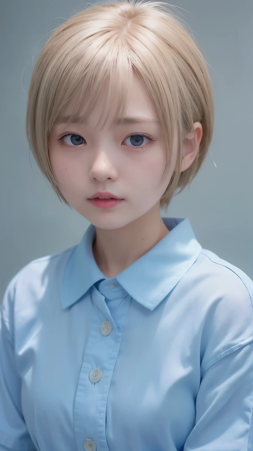 1 Very Cute Girl、、short hair、White Hair、Blue background、Upper body、(head shot:1.5)、Eyes focus、Collared shirt、Laughter、、(8k、Raw photo、highest quality、masterpiece:1.2)、(Realistic、Photorealistic:1.3)、Hmph、Deep depth of field、Wide Light、High Contrast、(Shine:1.4)、chromatic aberration、Sharp focus、RAW color photoovie stills、Cinematic lighting、8k resolution、