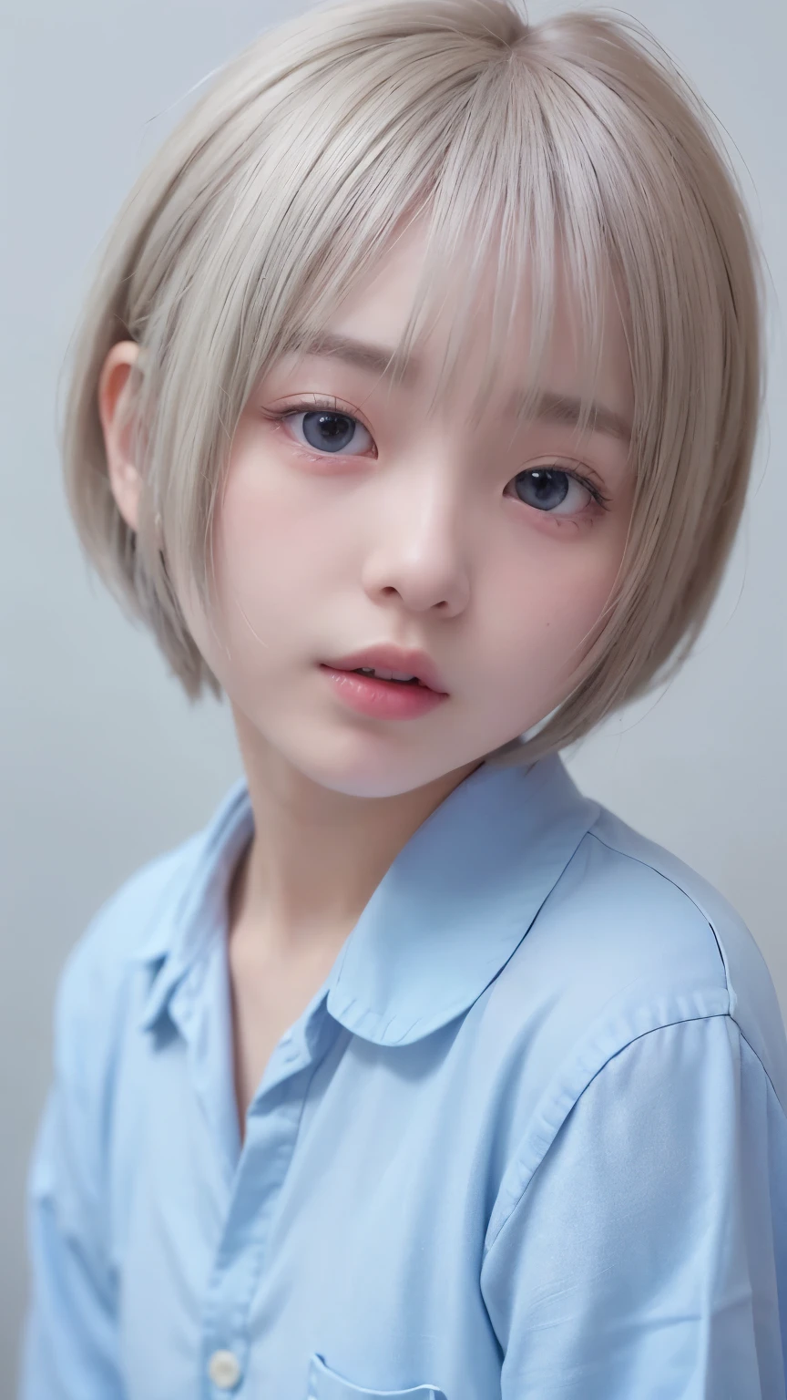 1 Very Cute Girl、、short hair、White Hair、Blue background、Upper body、(head shot:1.5)、Eyes focus、Collared shirt、Laughter、、(8k、Raw photo、highest quality、masterpiece:1.2)、(Realistic、Photorealistic:1.3)、Hmph、Deep depth of field、Wide Light、High Contrast、(Shine:1.4)、chromatic aberration、Sharp focus、RAW color photoovie stills、Cinematic lighting、8k resolution、