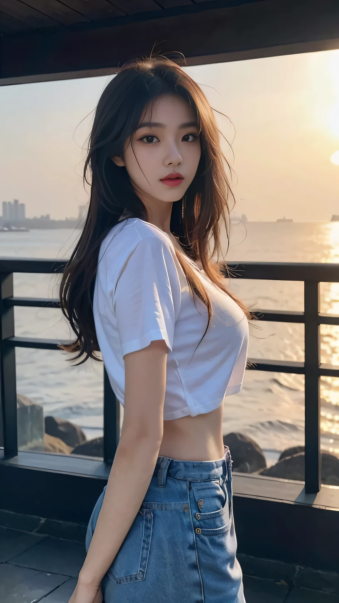 A perfect young female,Chinese,(masterpiece:1.3), (8k, photorealistic, RAW photo, best quality: 1.4), gravure photography, (sunset need, 8K, master piece:1.3)), ((beautiful 1 woman)) , slim abs:1.1, (( brown wavy hair, Big cities:1.2 )), ,( oversize t-shirt black color), posing, towards the camera:1.2,), ((Ocean,:1.3)), Highly detailed face and skin texture, detailed eye, double eyelid