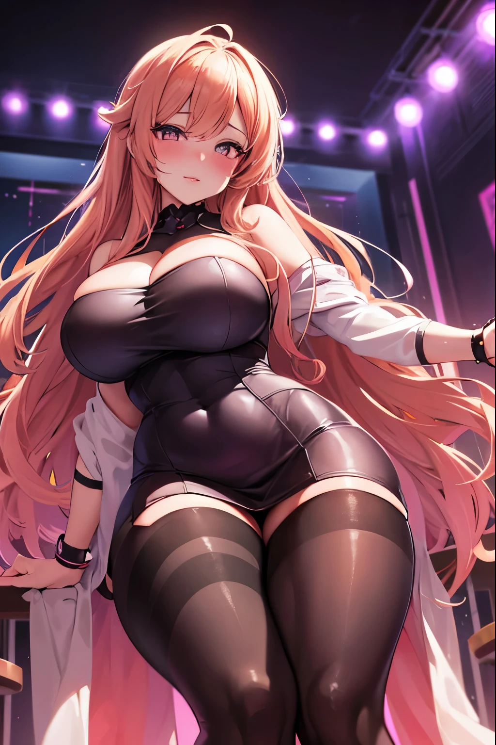 dominant girl at a bar is flirting with the viewer. (ultra-detailed,4k, 8k, high res, curvy,plus size anime girl,confident, seductive,erotic) curvy, plus size anime girl, seductive, erotic, thick thighs, thigh high tights, tight short dress, high heels, stilettos, vibrant colors, detailed eyes, detailed lips, blushing cheeks, enticing pose, soft lighting, alluring expression, flowing hair, captivating curves, seductive clothing, tight lacy dress, cleavage, flirtatious, artistic rendering, sensual atmosphere, top down angle, bar background, club, crowded place