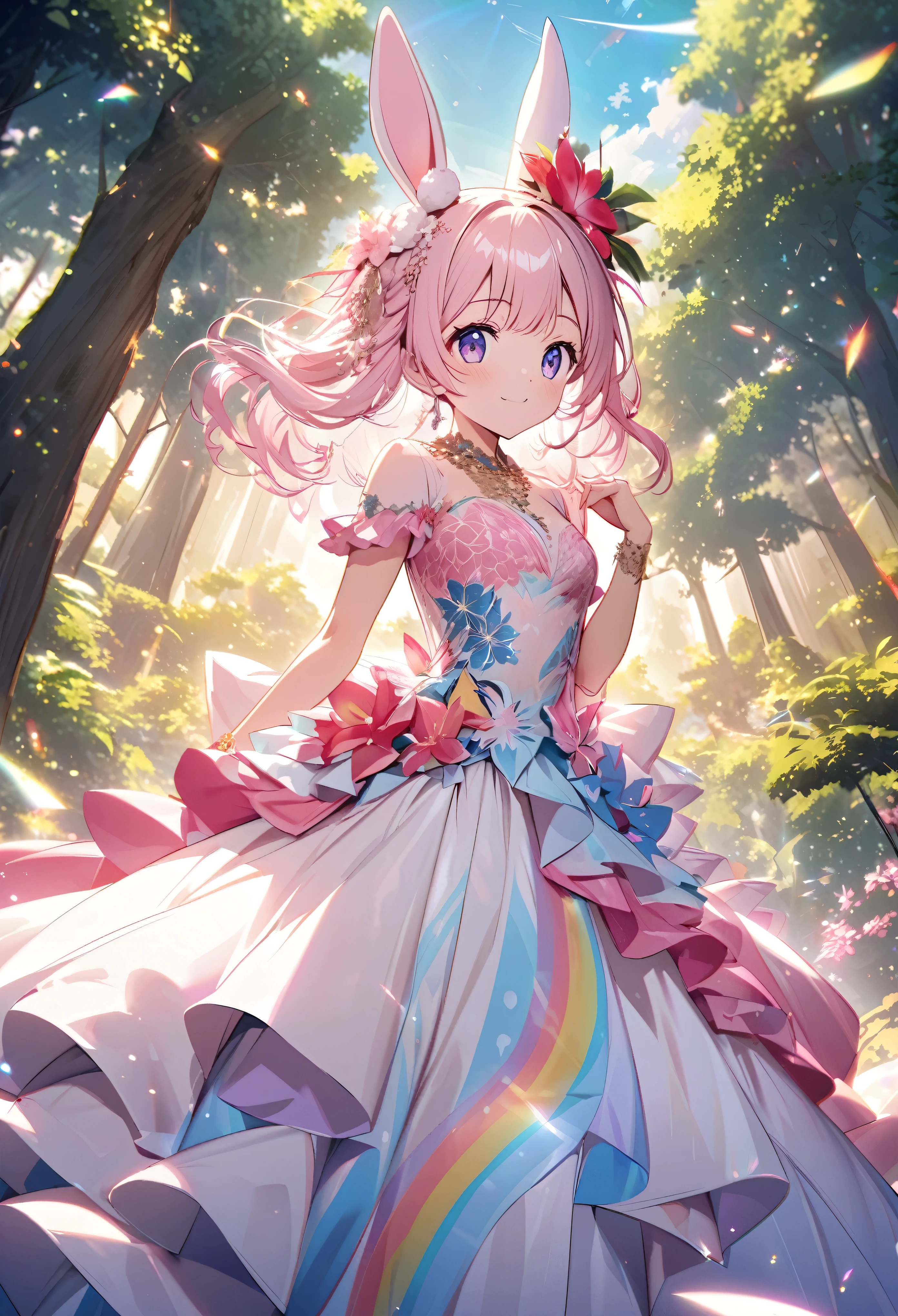``Japanese anime character, cute rabbit in pink color, beautiful adorable rabbit wearing an elegant and elaborate Hawaiian dress, the dress must have intricate designs and patterns to give it a luxurious and exclusive look. In the background, the image should depict the richness of the forest, with sunlight reflecting off the trees and illuminated mountains beyond. , emphasize the shimmering effect and rainbow throughout the image. Enhance your look and add special ruffles to your dress to stand out.”