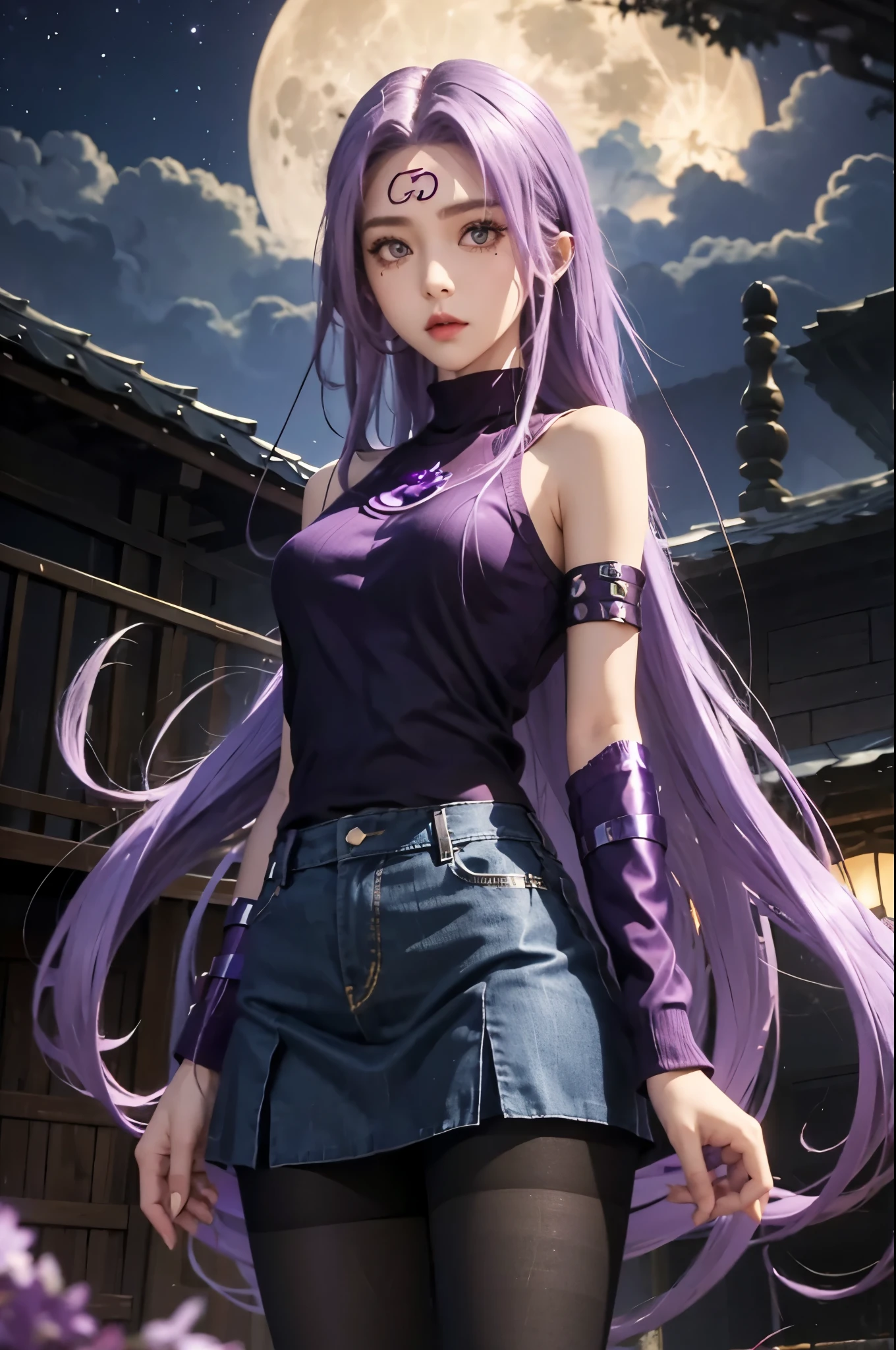 Medusa、fate、Purple Hair、Long Hair、((pantyhose))、Photo from below、Medium chest、full moon、mini skirt、Denim skirt、Sleeveless knitwear