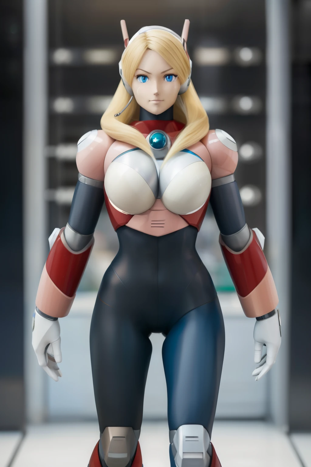 ultra detailed of a woman cyborg, 1girl, (natural skin texture, realistic eye details:1.2) alias_mega manx, alone, breasts, blue eyes, blonde hair, Android, long hair, robot ears, stand at attention, neutral stance, artwork, high quality, hypnotized, blank expression, mannequin