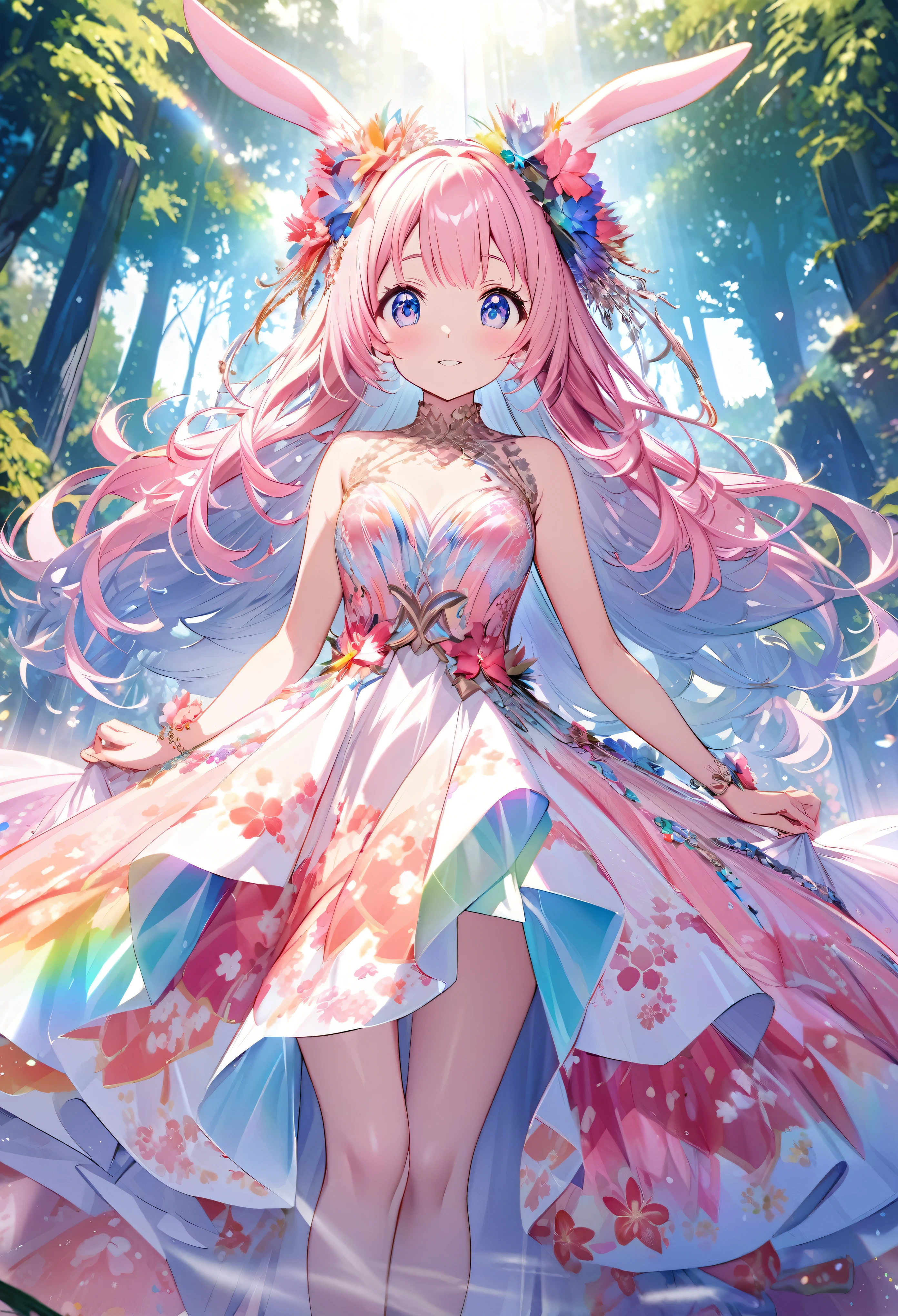 ``Japanese anime character, cute rabbit in pink color, beautiful adorable rabbit wearing an elegant and elaborate Hawaiian dress, the dress must have intricate designs and patterns to give it a luxurious and exclusive look. In the background, the image should depict the richness of the forest, with sunlight reflecting off the trees and illuminated mountains beyond. , emphasize the shimmering effect and rainbow throughout the image. Enhance your look and add special ruffles to your dress to stand out.”