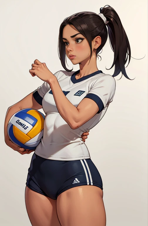 garota, magrelo, pequeno, Shy, bunda grande, volleyball shorts, volleyball shirt, dynamic pose, Quente, soft or colored lips, fundo simples, perfect hands, anatomia perfeita, Inclina 