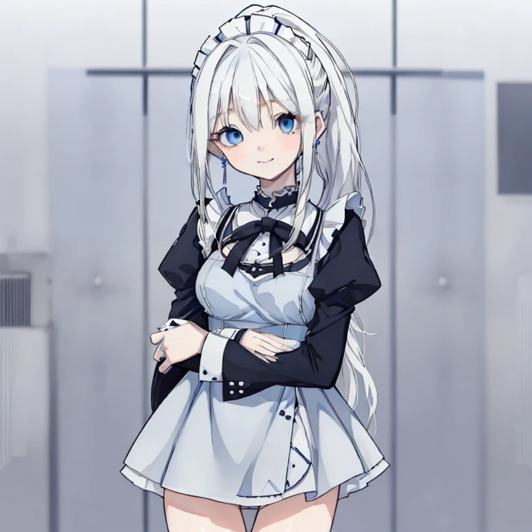 1girl, masterpiece, best quality, perfect hands, very long hair, white hair, white thighhighs, twintails, hair ribbon, nurse, nurse cap, white nurse uniform, zettai ryouiki, white gloves, twintails, crossed arms, standing, short sleeves