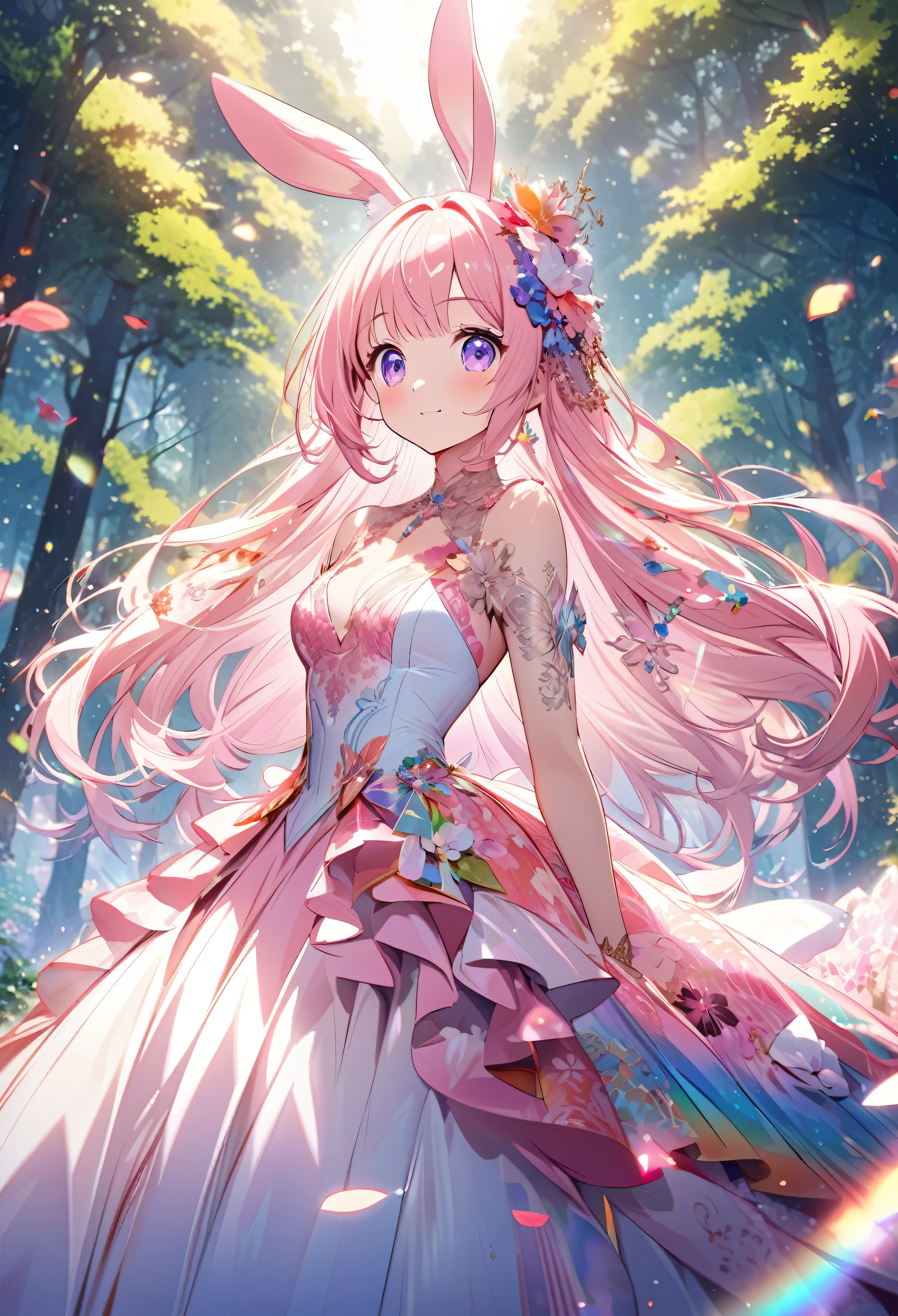 ``Japanese anime character, cute rabbit in pink color, beautiful adorable rabbit wearing an elegant and elaborate Hawaiian dress, the dress must have intricate designs and patterns to give it a luxurious and exclusive look. In the background, the image should depict the richness of the forest, with sunlight reflecting off the trees and illuminated mountains beyond. , emphasize the shimmering effect and rainbow throughout the image. Enhance your look and add special ruffles to your dress to stand out.”
