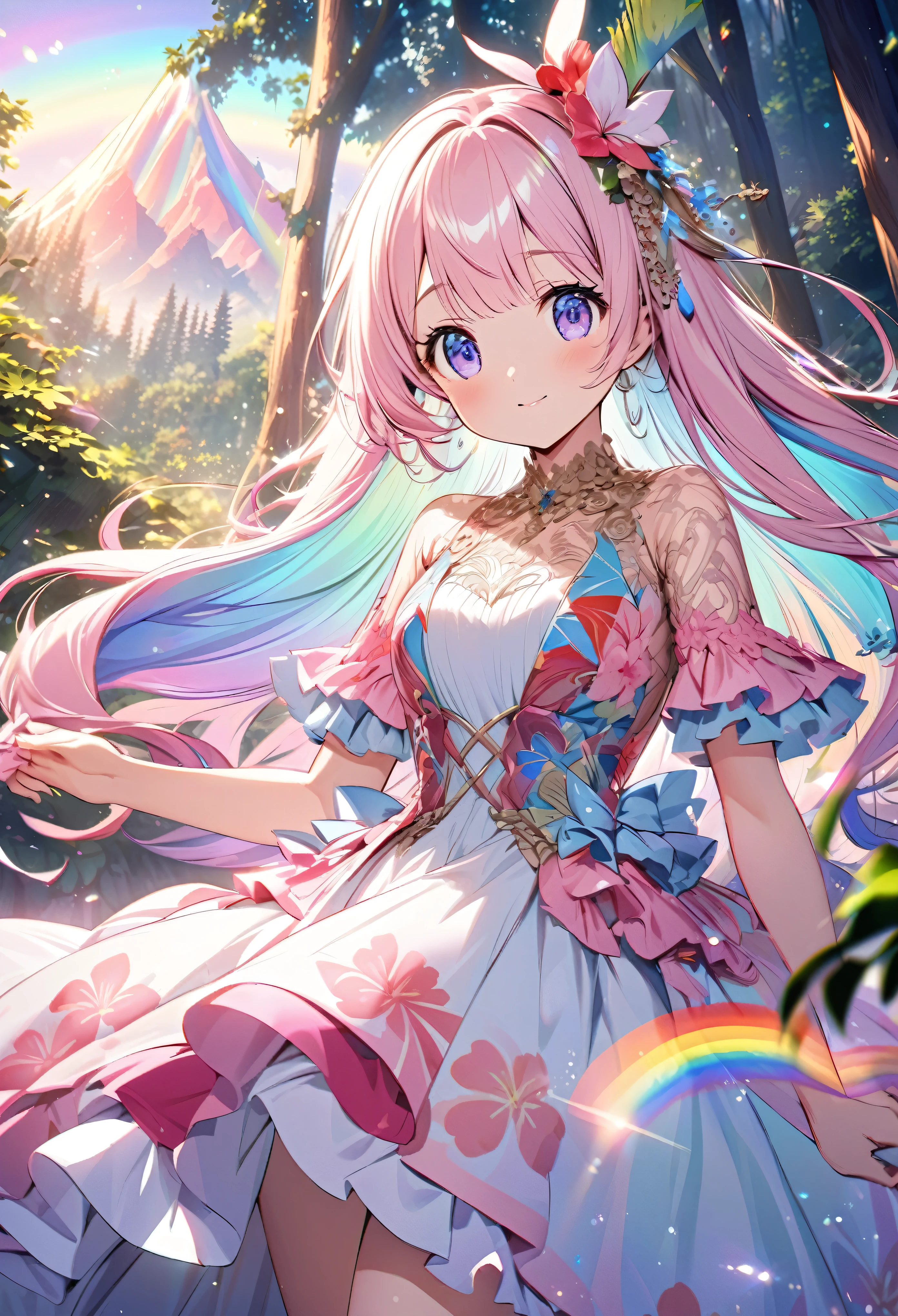 ``Japanese anime character, cute rabbit in pink color, beautiful adorable rabbit wearing an elegant and elaborate Hawaiian dress, the dress must have intricate designs and patterns to give it a luxurious and exclusive look. In the background, the image should depict the richness of the forest, with sunlight reflecting off the trees and illuminated mountains beyond. , emphasize the shimmering effect and rainbow throughout the image. Enhance your look and add special ruffles to your dress to stand out.”