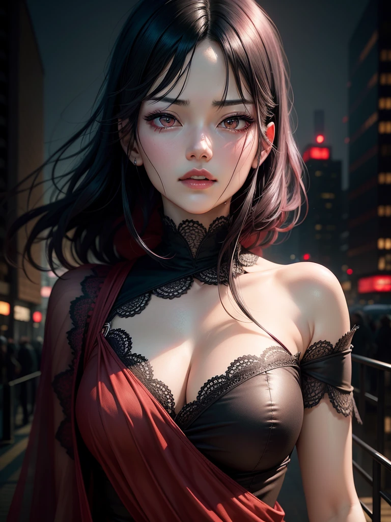 touka kirishima,beautiful detailed eyes,beautiful detailed lips,extremely detailed eyes and face,red and black hair,tokyo ghoul,anime style,dark and mysterious atmosphere, intense gaze[tokyo ghoul],outdoor setting,cityscape background,nighttime scene,vivid colors,sharp focus,highres,physically-based rendering
