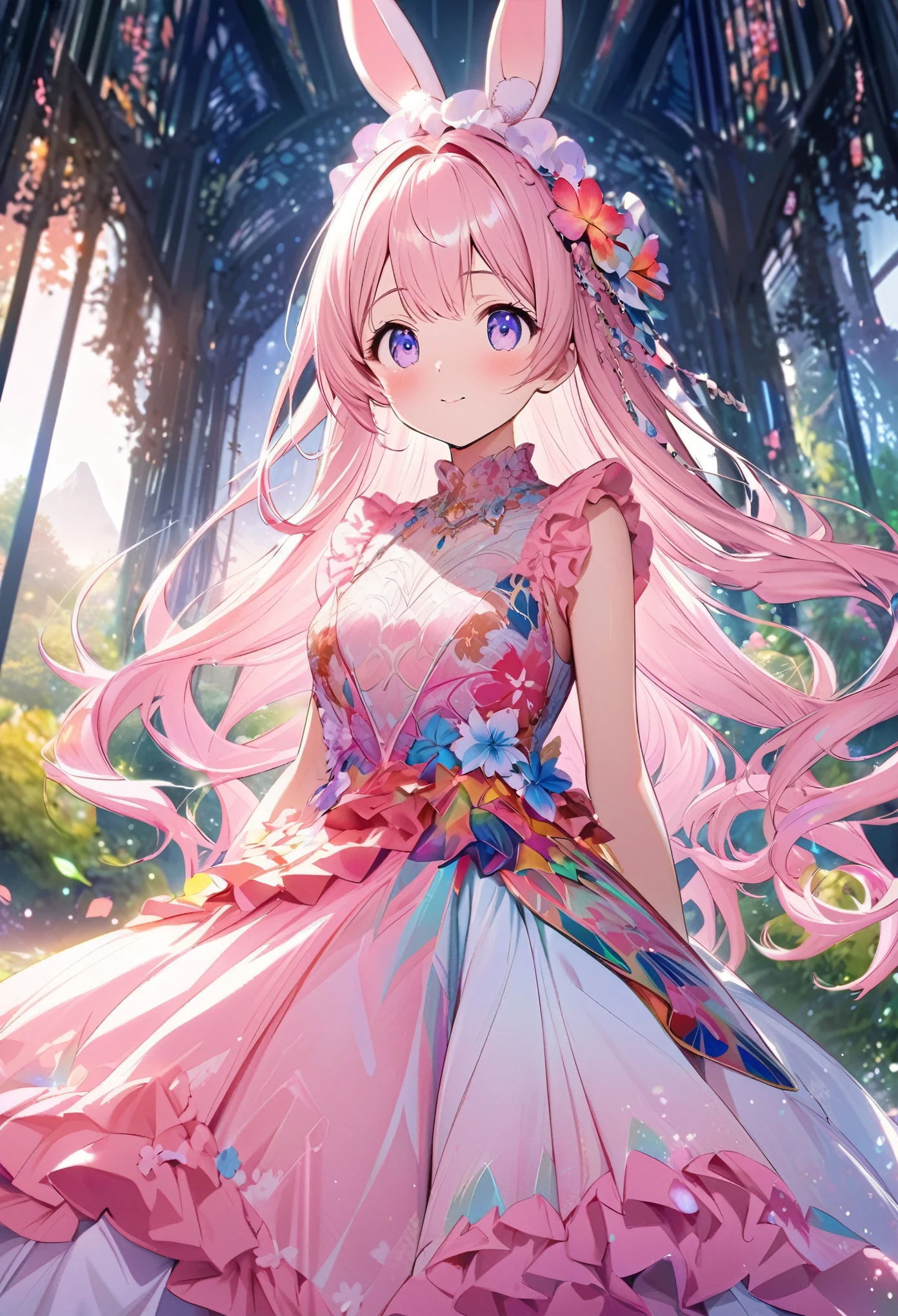 ``Japanese anime character, cute rabbit in pink color, beautiful adorable rabbit wearing an elegant and elaborate Hawaiian dress, the dress must have intricate designs and patterns to give it a luxurious and exclusive look. In the background, the image should depict the richness of the forest, with sunlight reflecting off the trees and illuminated mountains beyond. , emphasize the shimmering effect and rainbow throughout the image. Enhance your look and add special ruffles to your dress to stand out.”