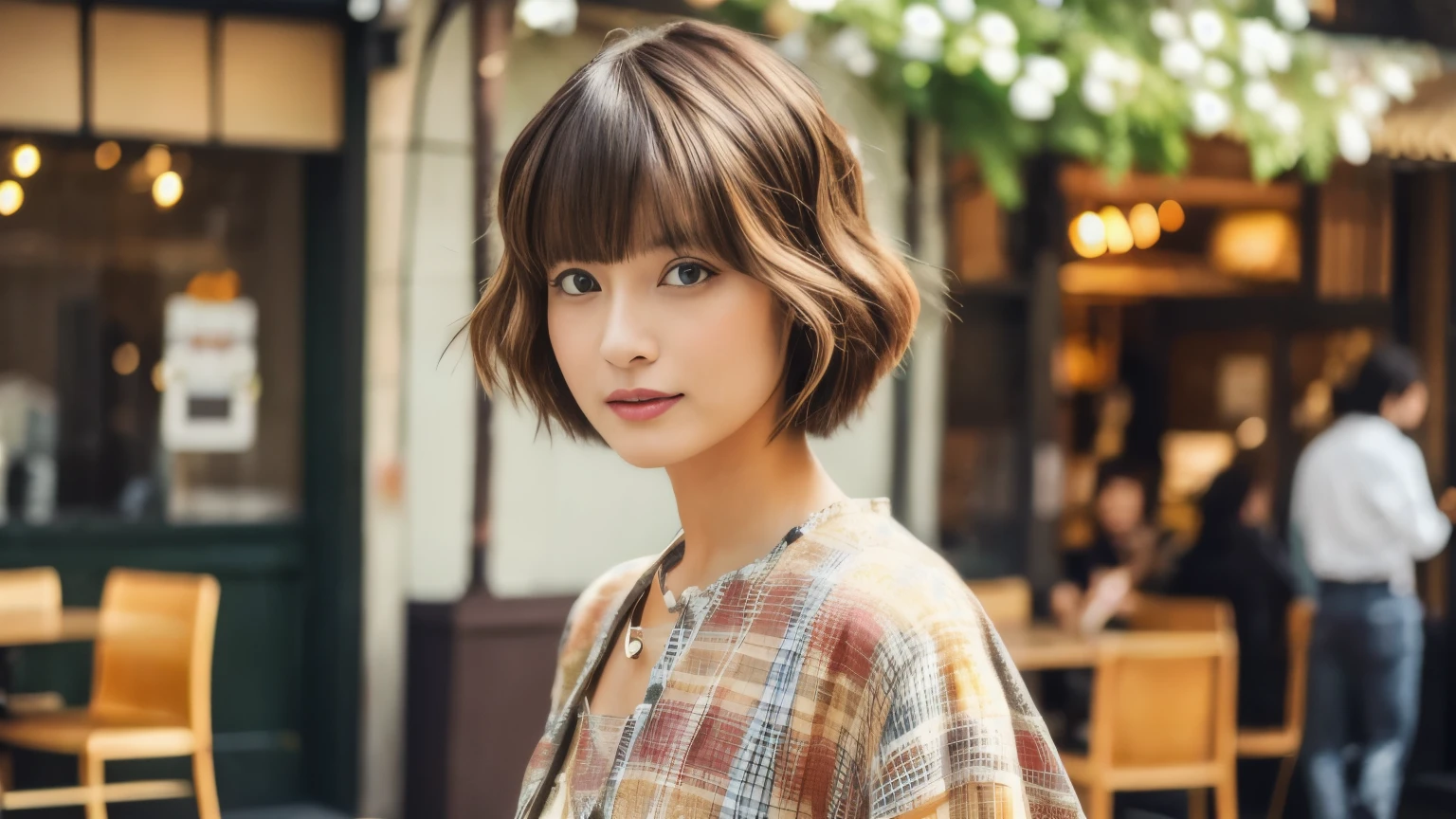 super high quality, Fashion Model, short hair, thin, (8k、RAW Photos、highest quality、masterpiece:1.2), Japanese Idols, Serious expression, Shaggy, Brown Hair, inside a stylish cafe, Fashion magazine shooting, People having fun at cafe々々Bustling., (Realistic、Realistic:1.37), Beautiful Face , Normal chest, Urban Cafe, A gentle gaze, Spring Clothes, Dress neatlyをしましょう, Dress neatly