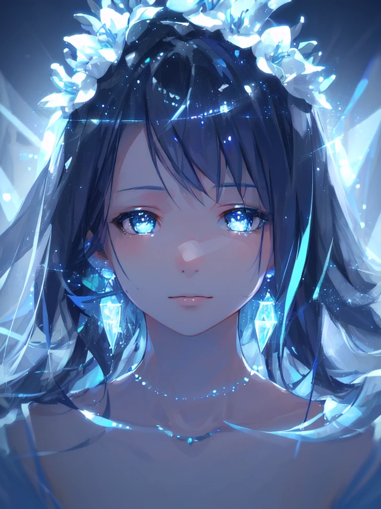 masterpiece, best quality, illustration, sax blue, platinum earrings, platinum necklace, white dress, 1girl, cute, (dynamic lighting:1.2), cinematic lighting, delicate facial features, detailed eyes, sharp pupils, realistic pupils, depth of field, bokeh, sharp focus, (hyper-detailed, bloom, glow:1.4), many small gems