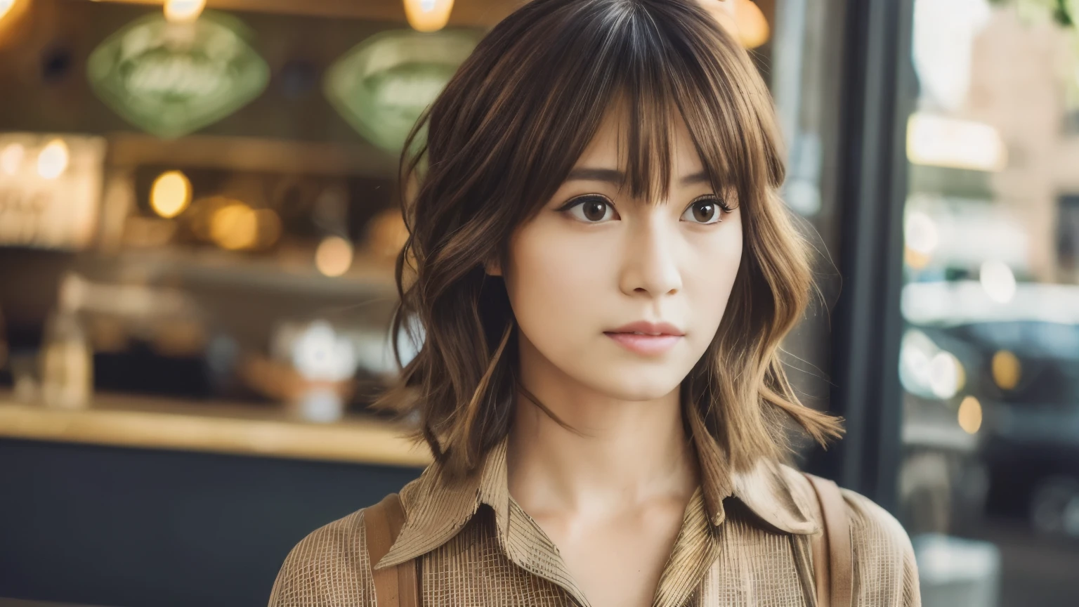 super high quality, Fashion Model, short hair, thin, (8k、RAW Photos、highest quality、masterpiece:1.2), Japanese Idols, Serious expression, Shaggy, Brown Hair, inside a stylish cafe, Fashion magazine shooting, People having fun at cafe々々Bustling., (Realistic、Realistic:1.37), Beautiful Face , Normal chest, Urban Cafe, A gentle gaze, Spring Clothes, Dress neatlyをしましょう, Dress neatly