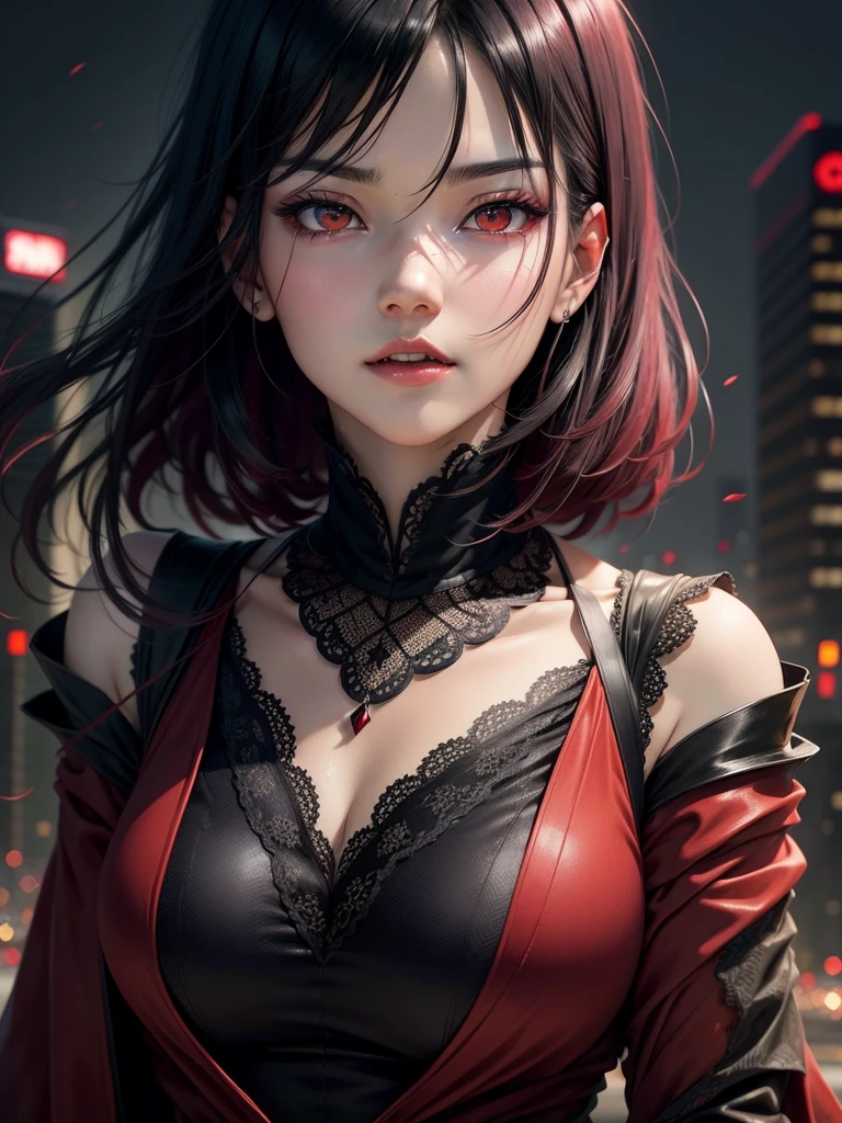 touka kirishima,beautiful detailed eyes,beautiful detailed lips,extremely detailed eyes and face,red and black hair,tokyo ghoul,anime style,dark and mysterious atmosphere, intense gaze[tokyo ghoul],outdoor setting,cityscape background,nighttime scene,vivid colors,sharp focus,highres,physically-based rendering