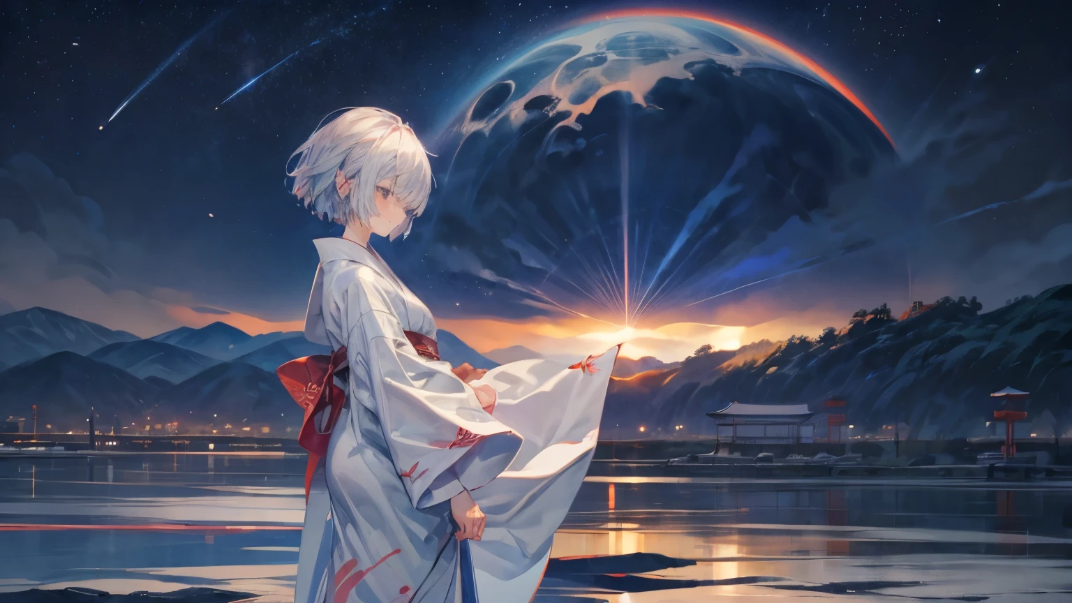 A 17-year-old Japanese girl standing and gazing at the night sky、Slender、wearing a black yukata。White medium short hair。The yukata has a white rabbit design。Highest quality。Pose in the back。