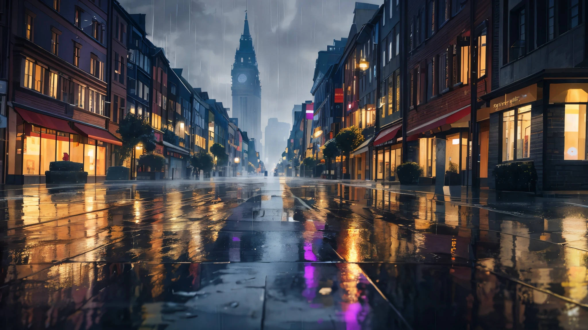 title: "Rainy day reflection"
explanation:
In the symphony of raindrops, Rainy days transform the cityscape into an enchanting wonderland. The store's neon lights reflect off the wet sidewalk., As the urban jungle pulsates with life、Create a dreamy atmosphere. The relentless rain paints the streets with glittering reflections, Creates a fantastic atmosphere. Pedestrian, With an umbrella, hurry across the sidewalk, Desperately searching for shelter from the relentless rain. In the hustle and bustle of the city, A lonely figure emerges; Standing under the flickering light, Spectrum