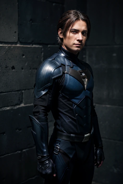 superhero man, wears dark blue armor, wears dark blue armor pants, wears black gloves, and has black stripes on both sides of arms, has no logo on armor, has brown hair, and lives in superhero base
