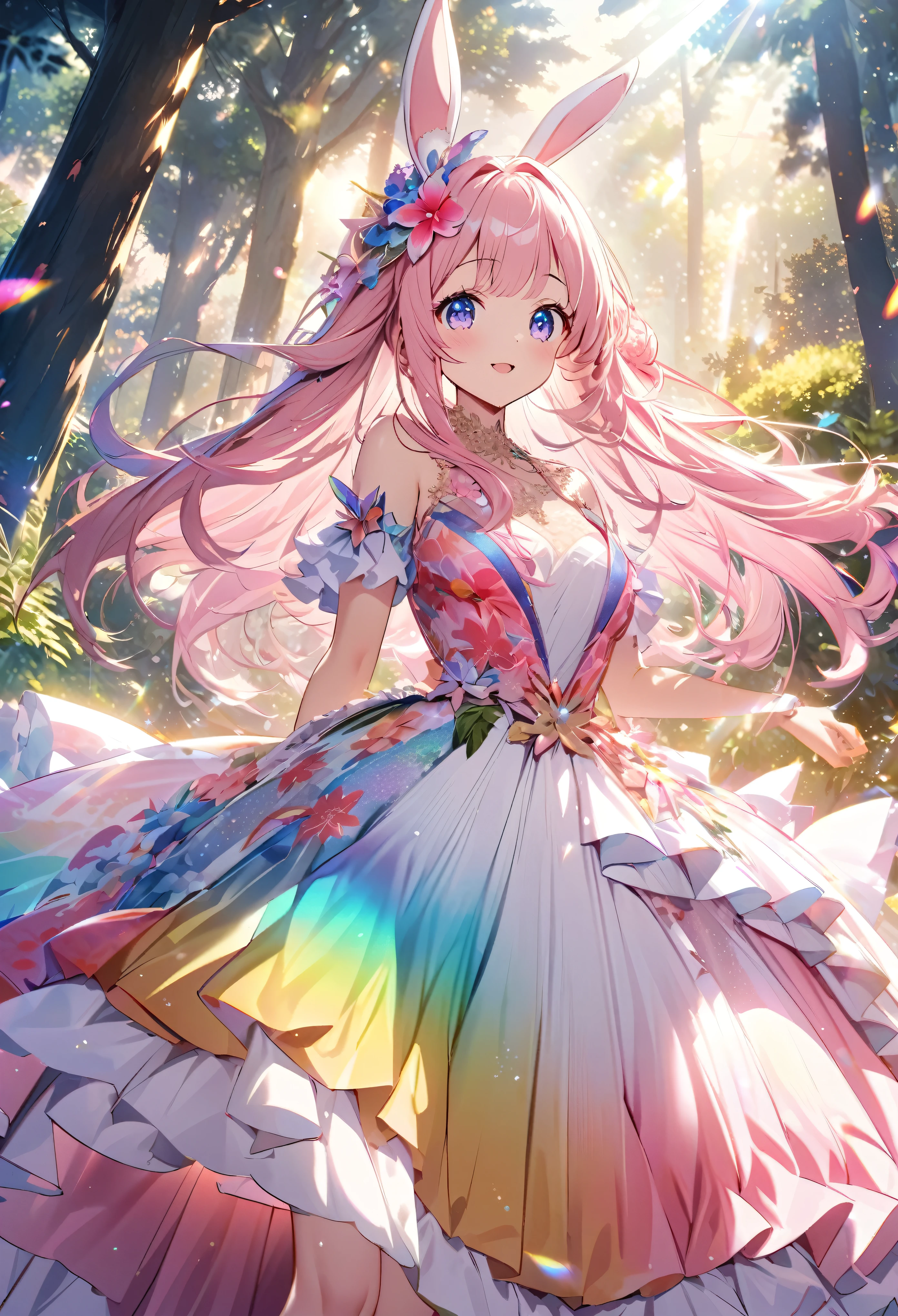 ``Japanese anime character, cute rabbit in pink color, beautiful adorable rabbit wearing an elegant and elaborate Hawaiian dress, the dress must have intricate designs and patterns to give it a luxurious and exclusive look. In the background, the image should depict the richness of the forest, with sunlight reflecting off the trees and illuminated mountains beyond. , emphasize the shimmering effect and rainbow throughout the image. Enhance your look and add special ruffles to your dress to stand out.”