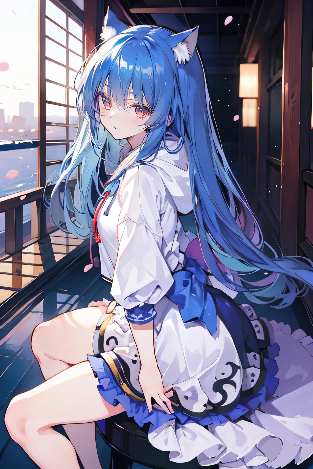 （masterpiece：1.2），Super detailed，lifelike，Expressive eyes，fair skin，perfect face shape，1 girl，
Japanese comics,Gorgeous blue hair,flowing blue hair,flowing clothes,Cat ears,Petals fall,beautiful lola,Baby Angel,
Shaking head with one hand，Cross your legs，Gentle and peaceful background，The pavilion is cool and comfortable,smile, wearing hoodie, background of tokyo,back views.snowing, winter.