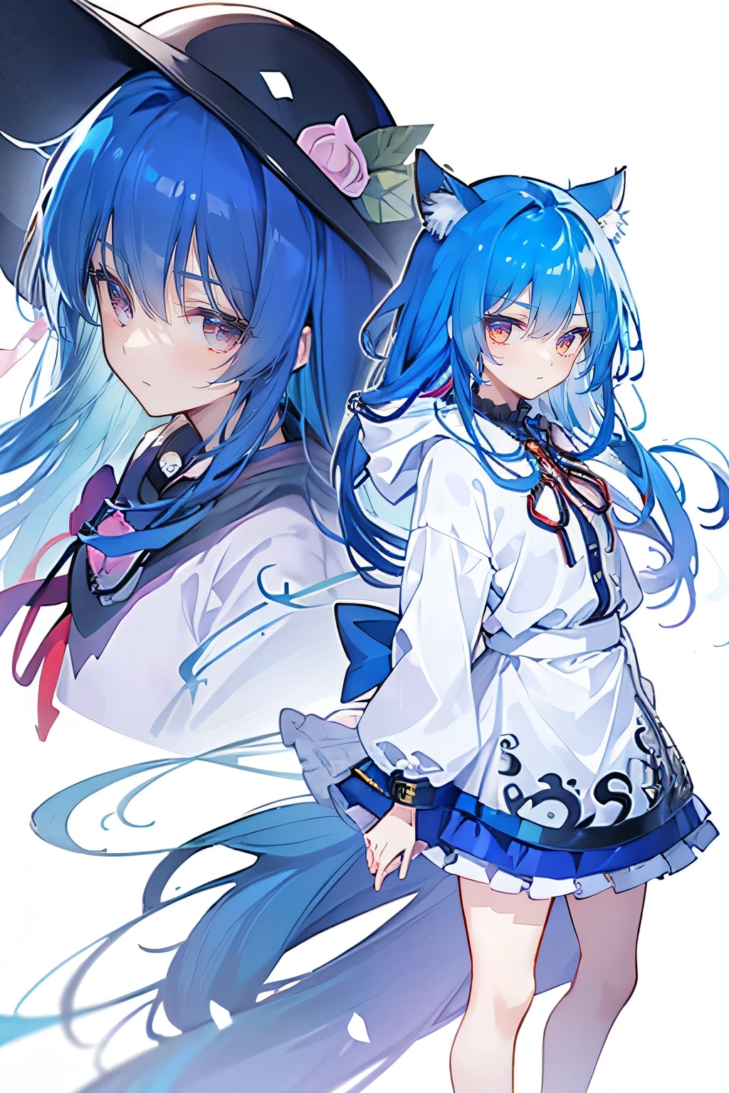 (masterpiece:1.2),Super detailed,lifelike,Expressive eyes,fair skin,perfect face shape,1 girl,
Japanese comics,Gorgeous blue hair,flowing blue hair,flowing clothes,Cat ears,Petals fall,beautiful lola,Baby Angel,
Shaking head with one hand,Cross your legs,Gentle and peaceful background,The pavilion is cool and comfortable,smile, wearing hoodie, background of tokyo,back views.snowing, winter.